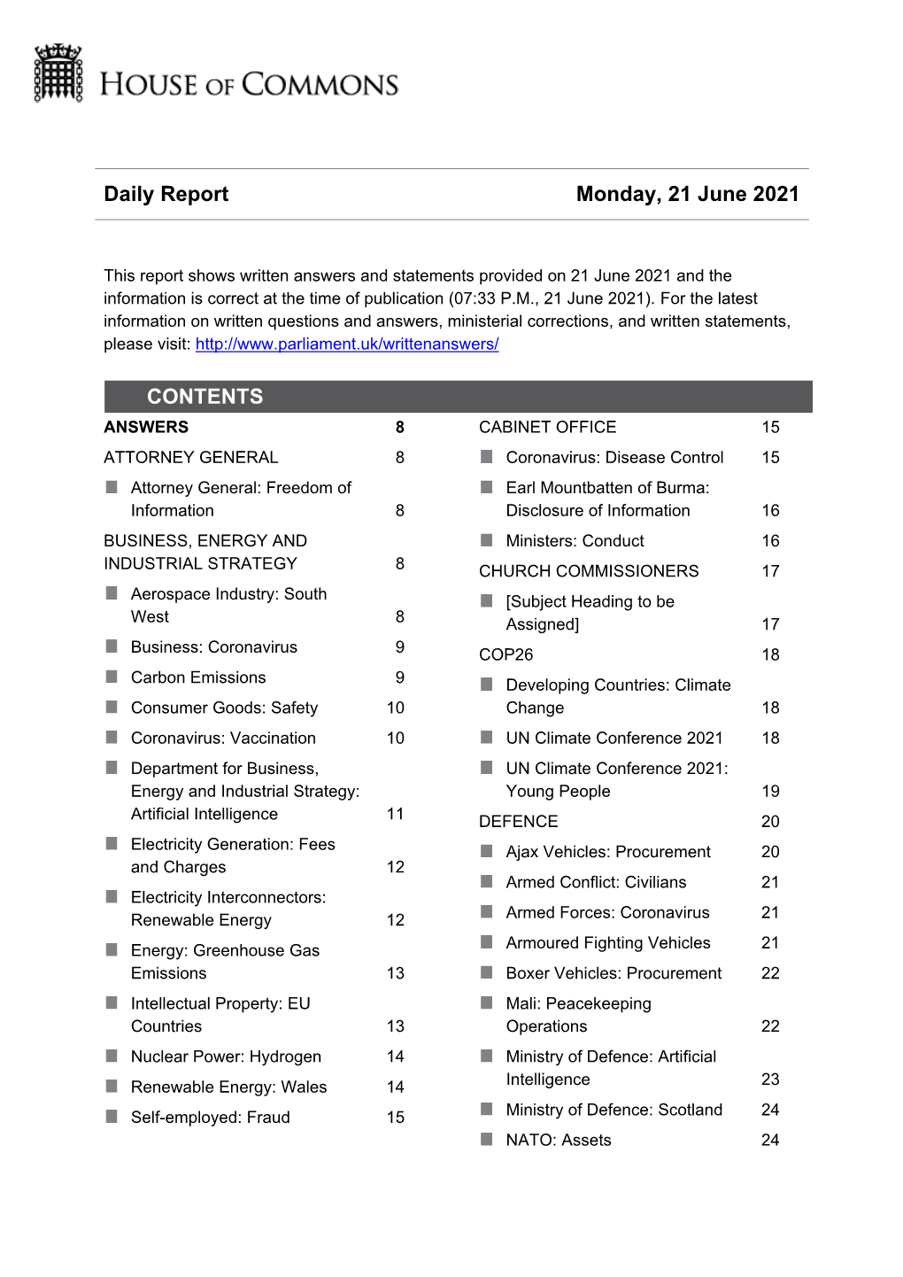 Daily Report Monday, 21 June 2021 CONTENTS