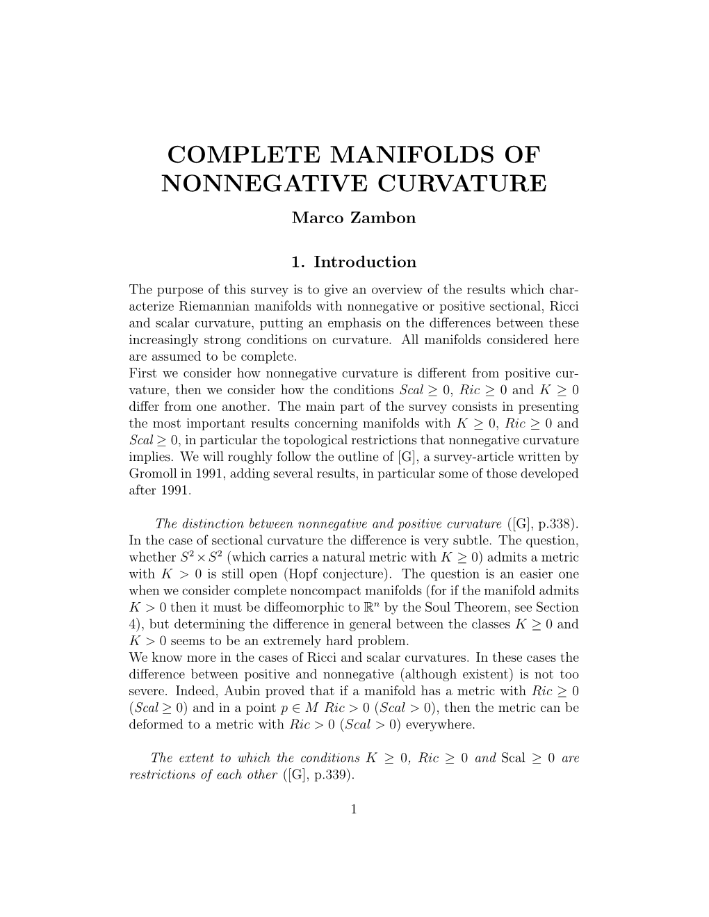 COMPLETE MANIFOLDS of NONNEGATIVE CURVATURE Marco Zambon