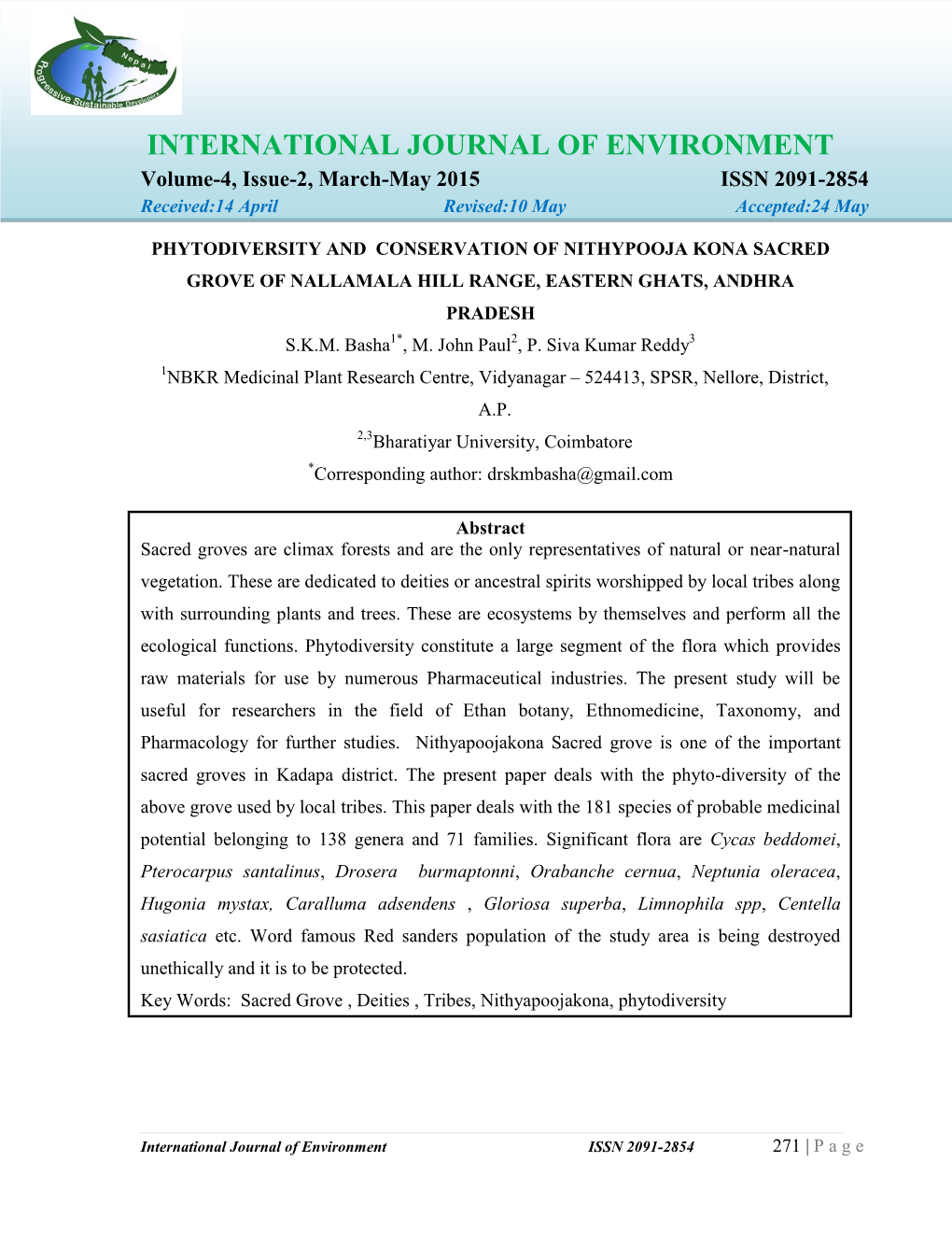 INTERNATIONAL JOURNAL of ENVIRONMENT Volume-4, Issue-2, March-May 2015 ISSN 2091-2854 Received:14 April Revised:10 May Accepted:24 May