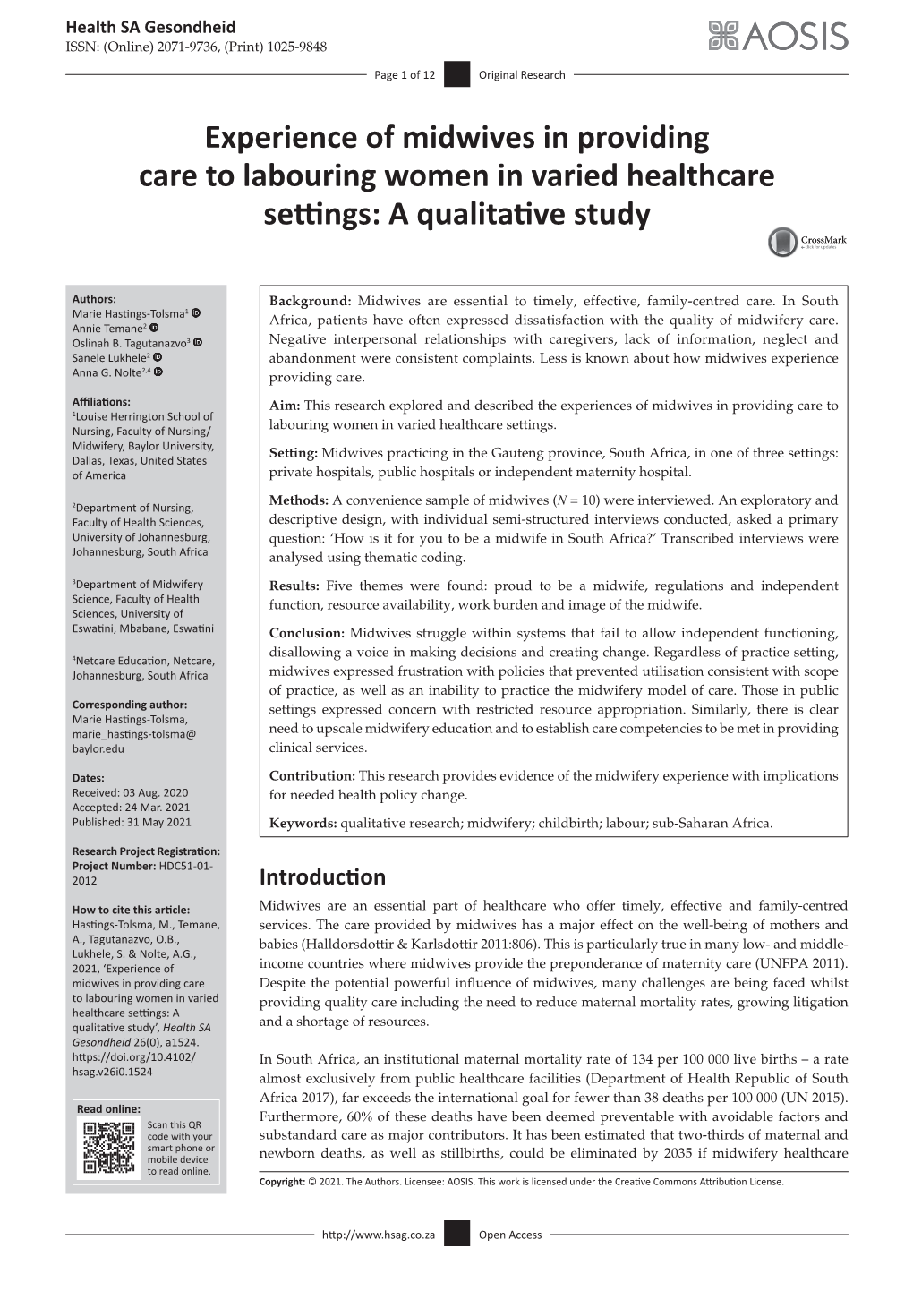 Experience of Midwives in Providing Care to Labouring Women in Varied Healthcare Settings: a Qualitative Study