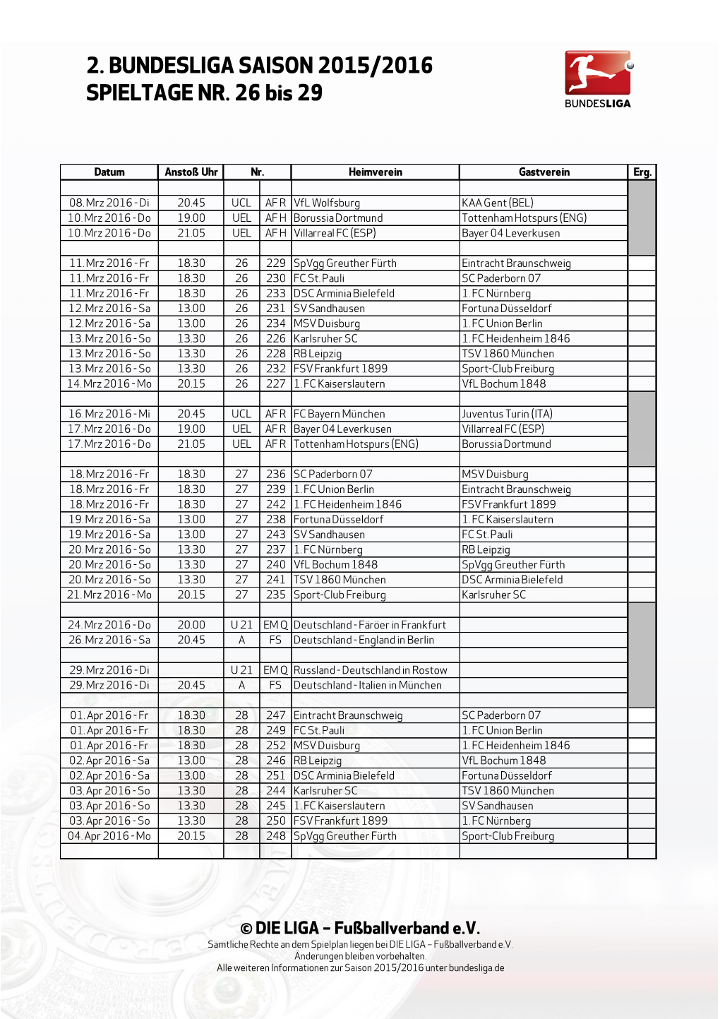 Bundesliga-Spielplan Saison 2015/2016