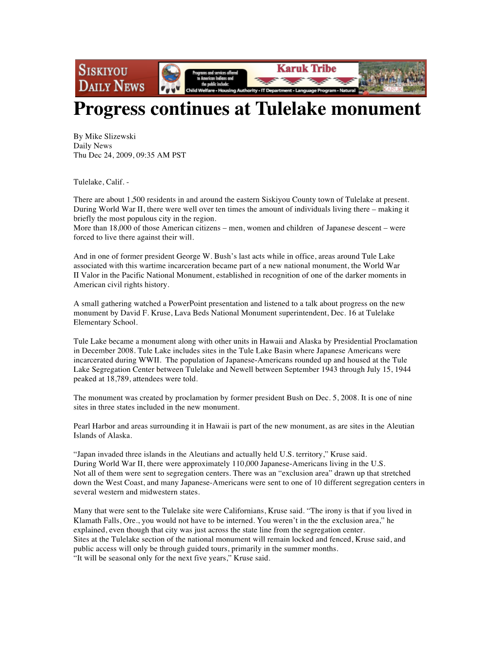 Progress Continues at Tulelake Monument