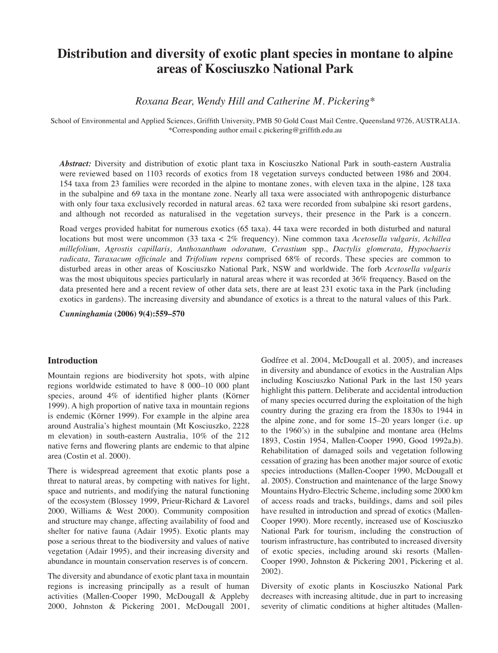 Distribution and Diversity of Exotic Plant Species in Montane to Alpine Areas of Kosciuszko National Park