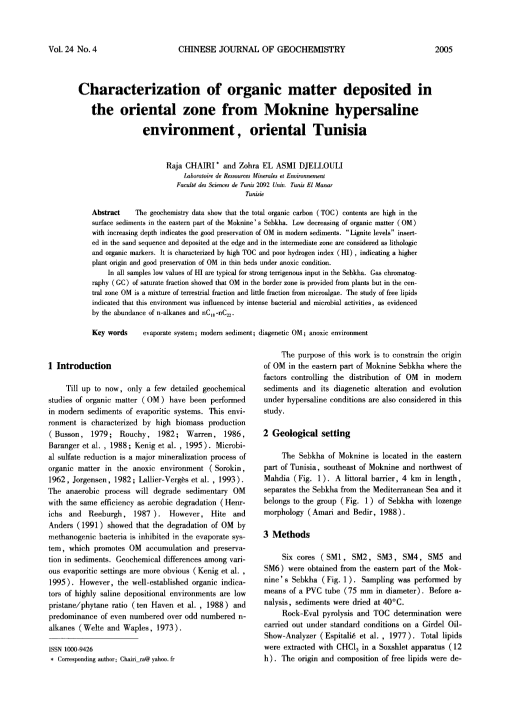 Characterization of Organic Matter Deposited in the Oriental Zone from Moknine Hypersaline Environment, Oriental Tunisia
