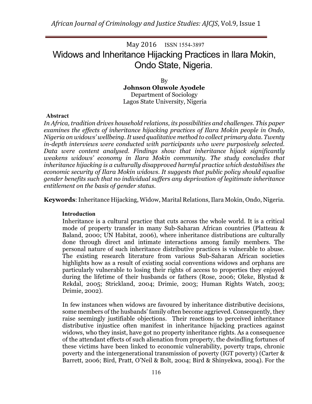 Widows and Inheritance Hijacking Practices in Ilara Mokin, Ondo State, Nigeria