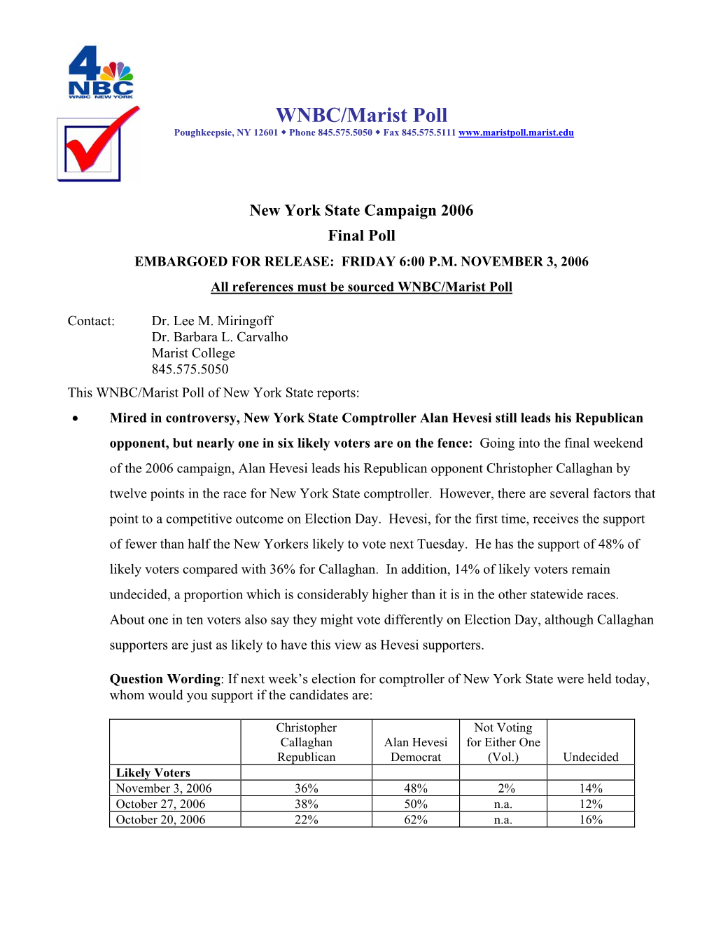 WNBC/Marist Poll NYS Campaign 2006