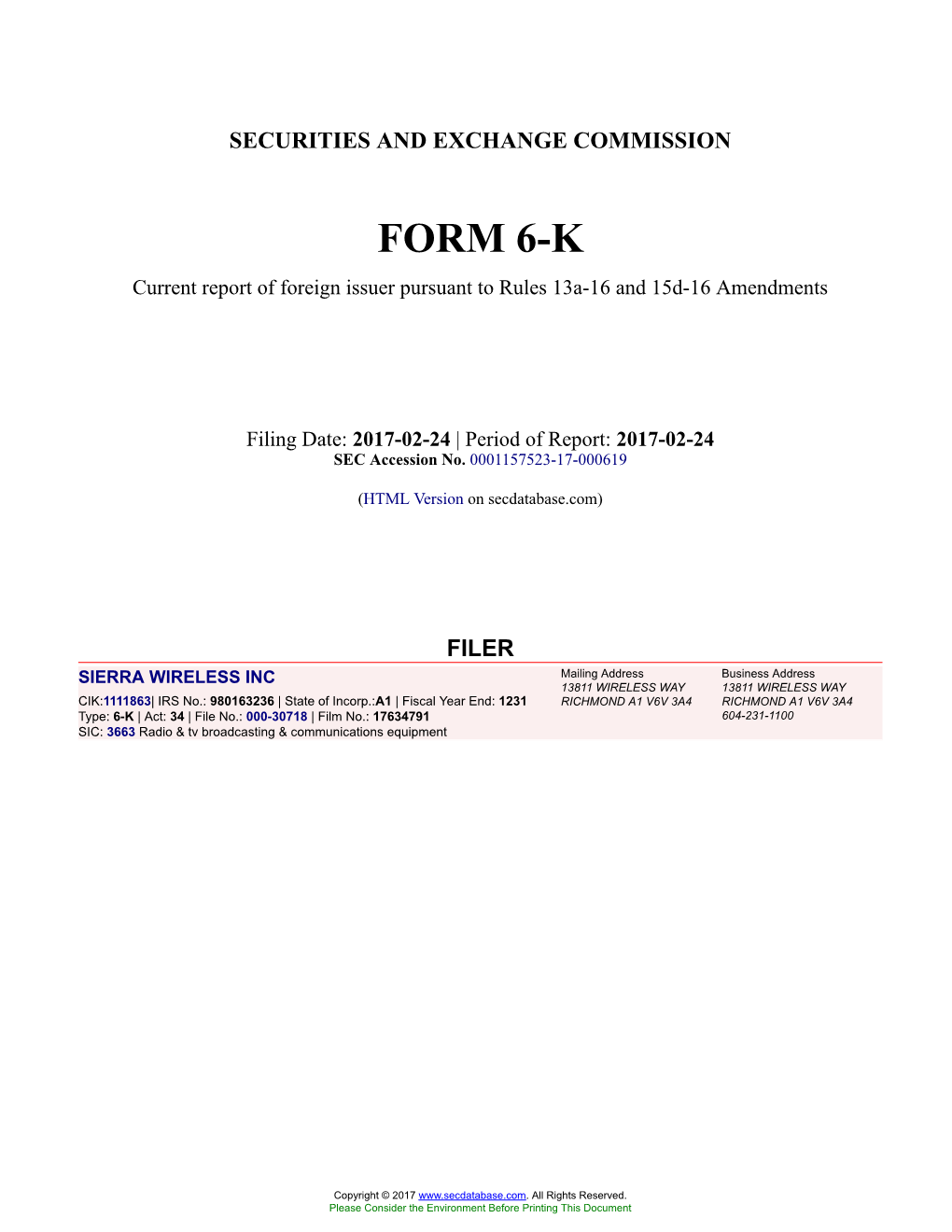 SIERRA WIRELESS INC Form 6-K Current Report Filed 2017-02-24