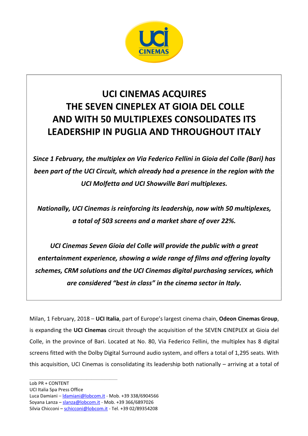 UCI Cinemas Acquires the Seven Cineplex at Gioia Del Colle, Bari, Italy