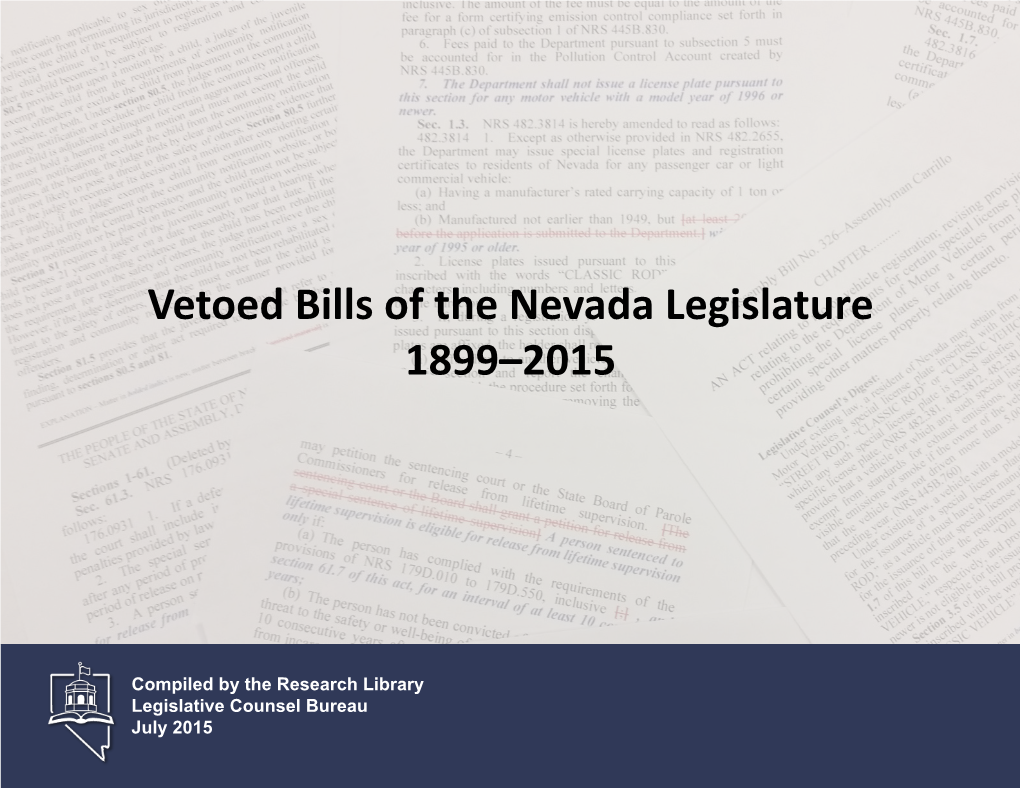 Vetoed Bills of the Nevada Legislature: 1899-2015