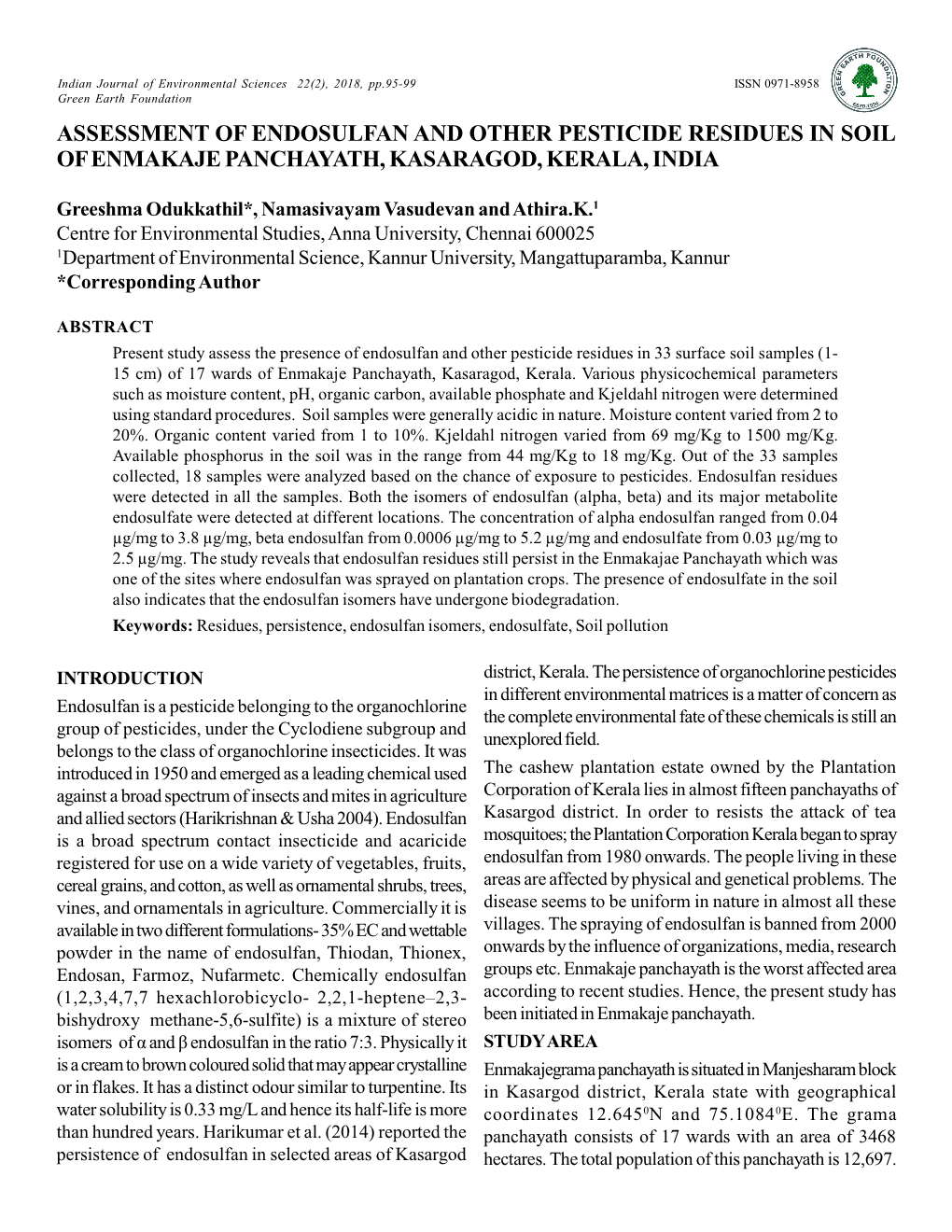 Assessment of Endosulfan and Other Pesticide Residues in Soil of Enmakaje Panchayath, Kasaragod, Kerala, India