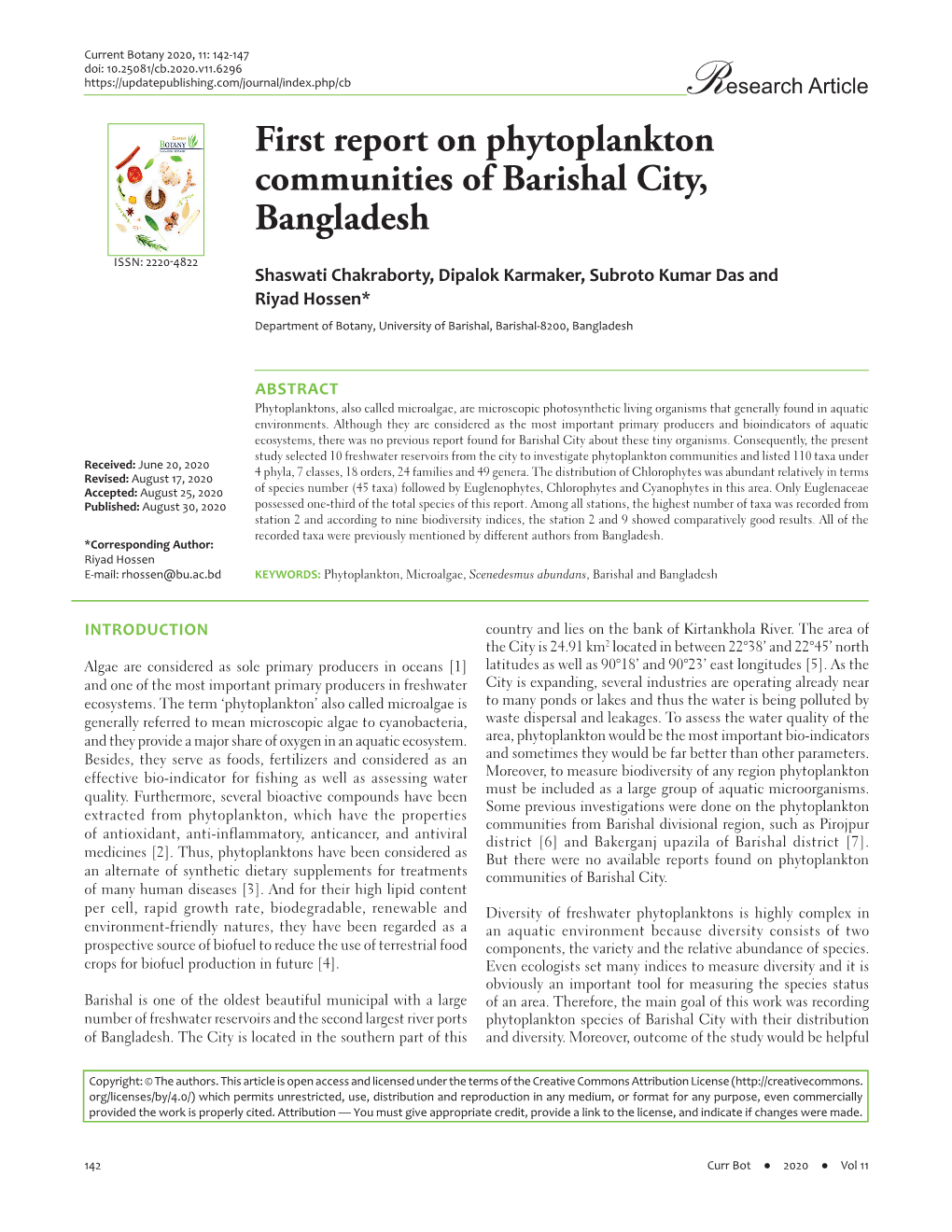 First Report on Phytoplankton Communities of Barishal City, Bangladesh
