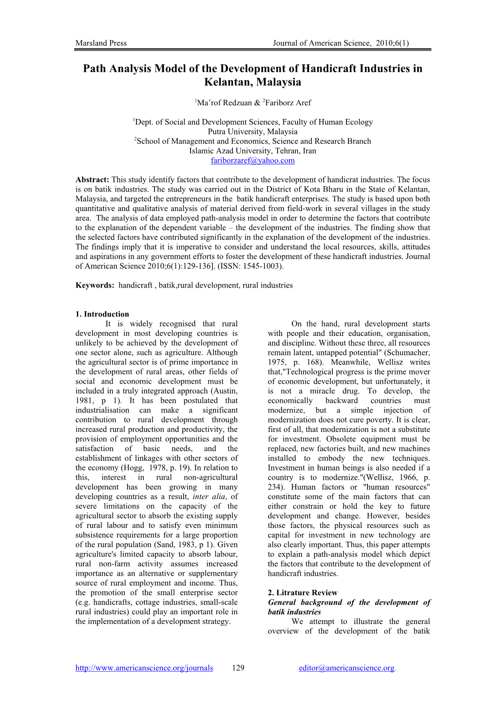 Path Analysis Model of the Development of Handicraft Industries in Kelantan, Malaysia