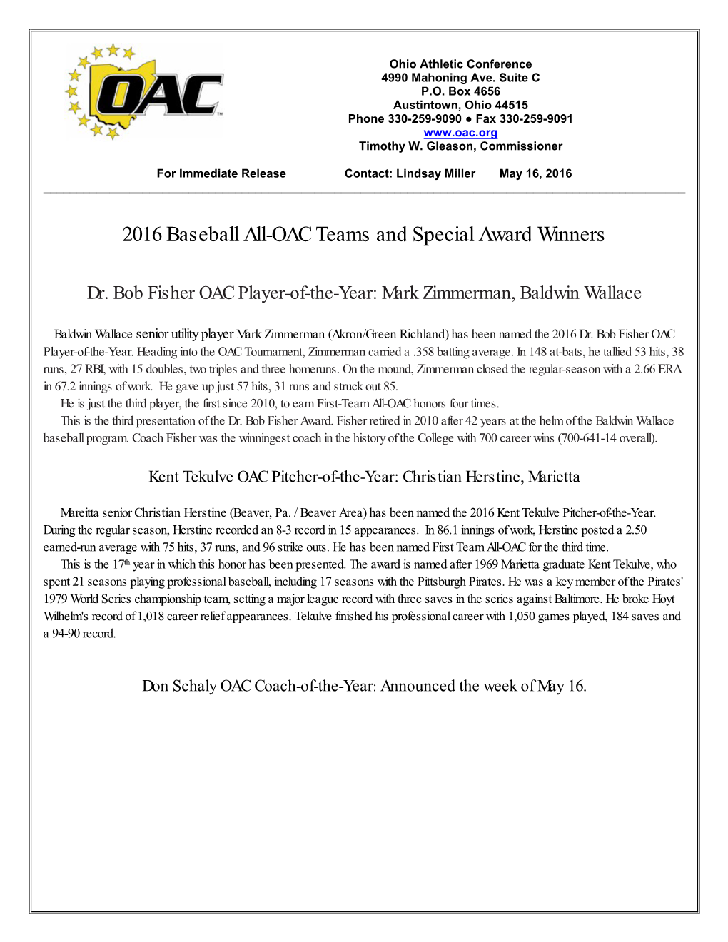 2016 Baseball All-OAC Teams and Special Award Winners