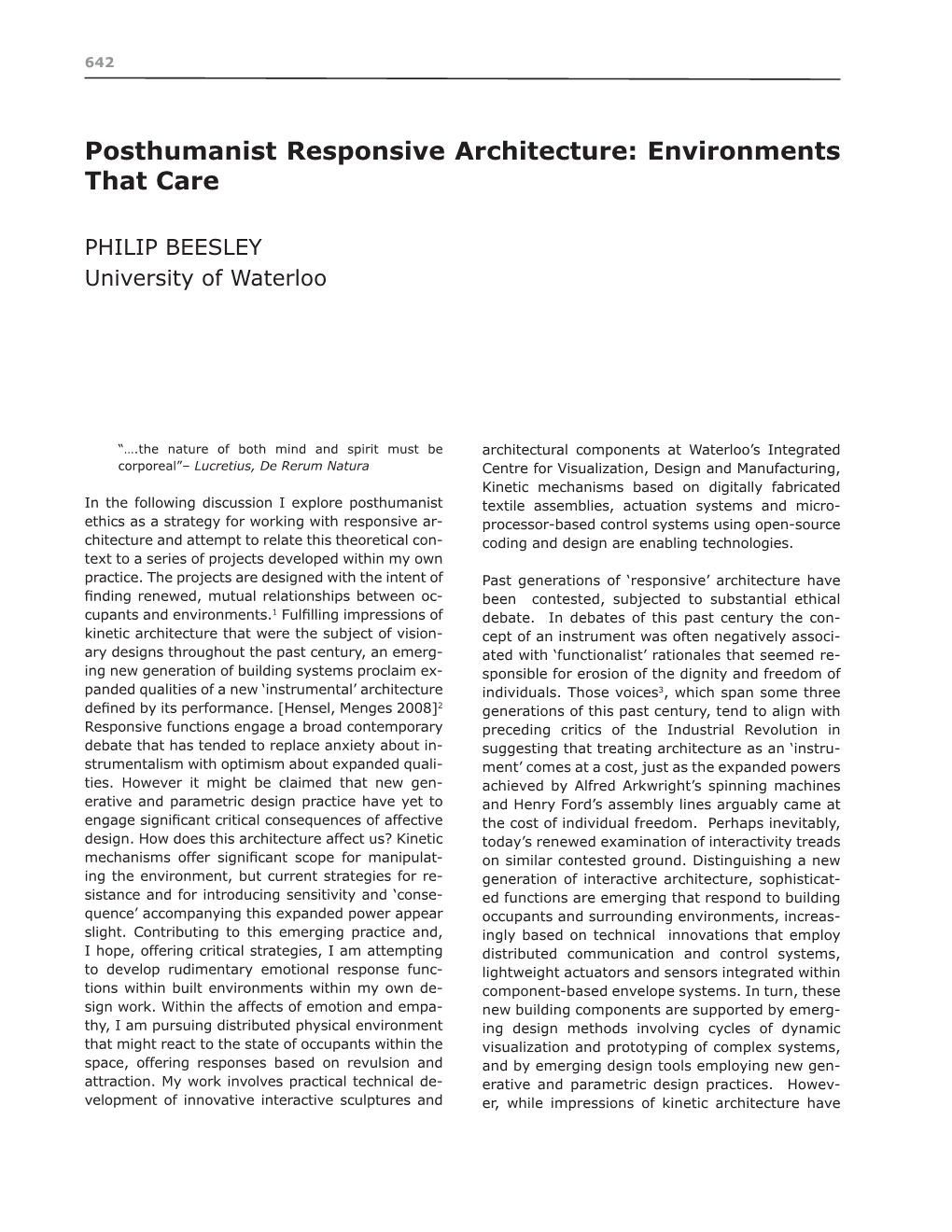 Posthumanist Responsive Architecture: Environments That Care