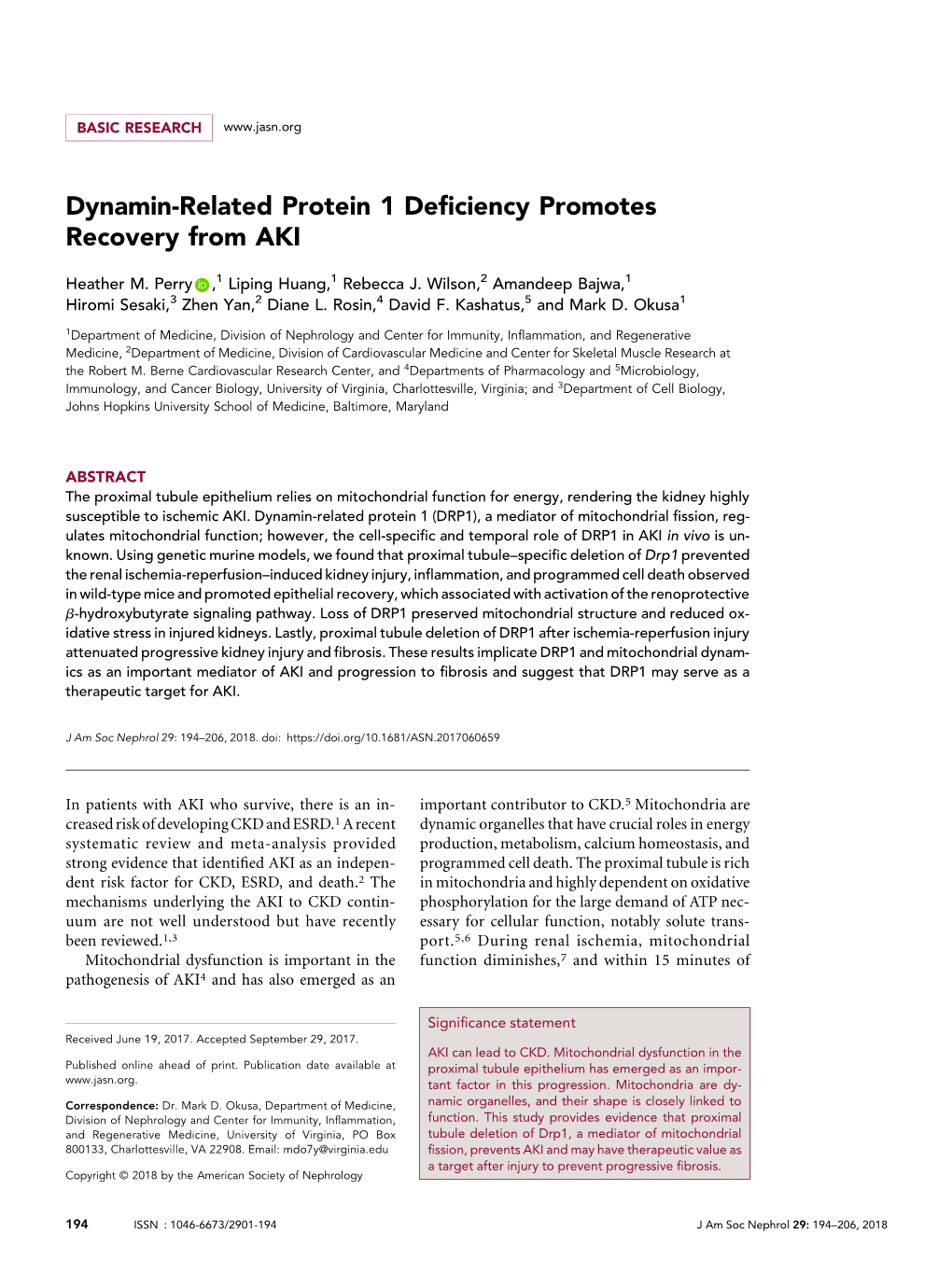 Dynamin-Related Protein 1 Deficiency Promotes Recovery From