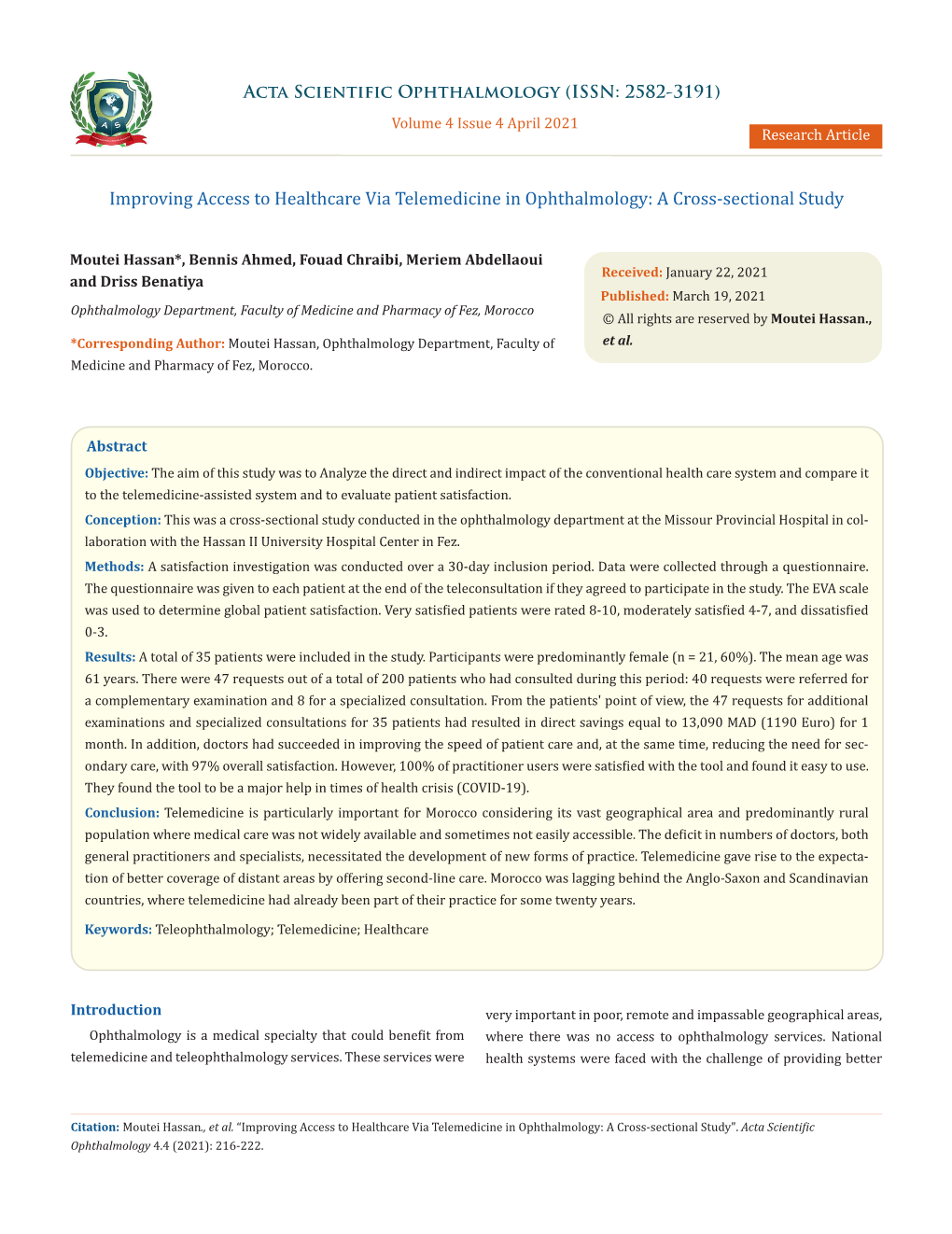 Improving Access to Healthcare Via Telemedicine in Ophthalmology: a Cross-Sectional Study