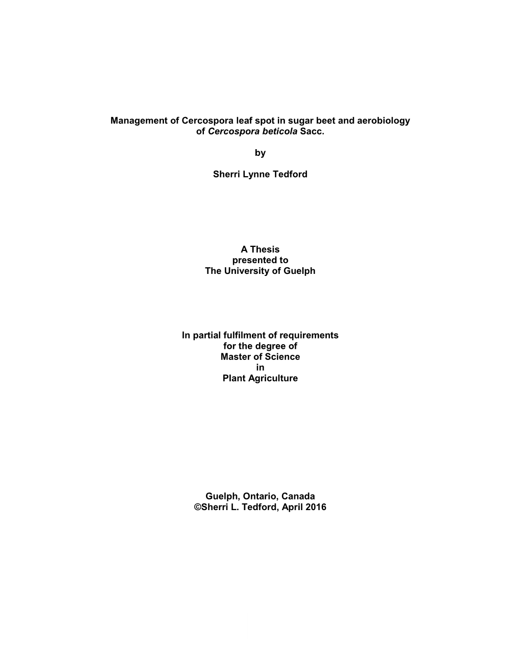 I Management of Cercospora Leaf Spot in Sugar Beet and Aerobiology Of