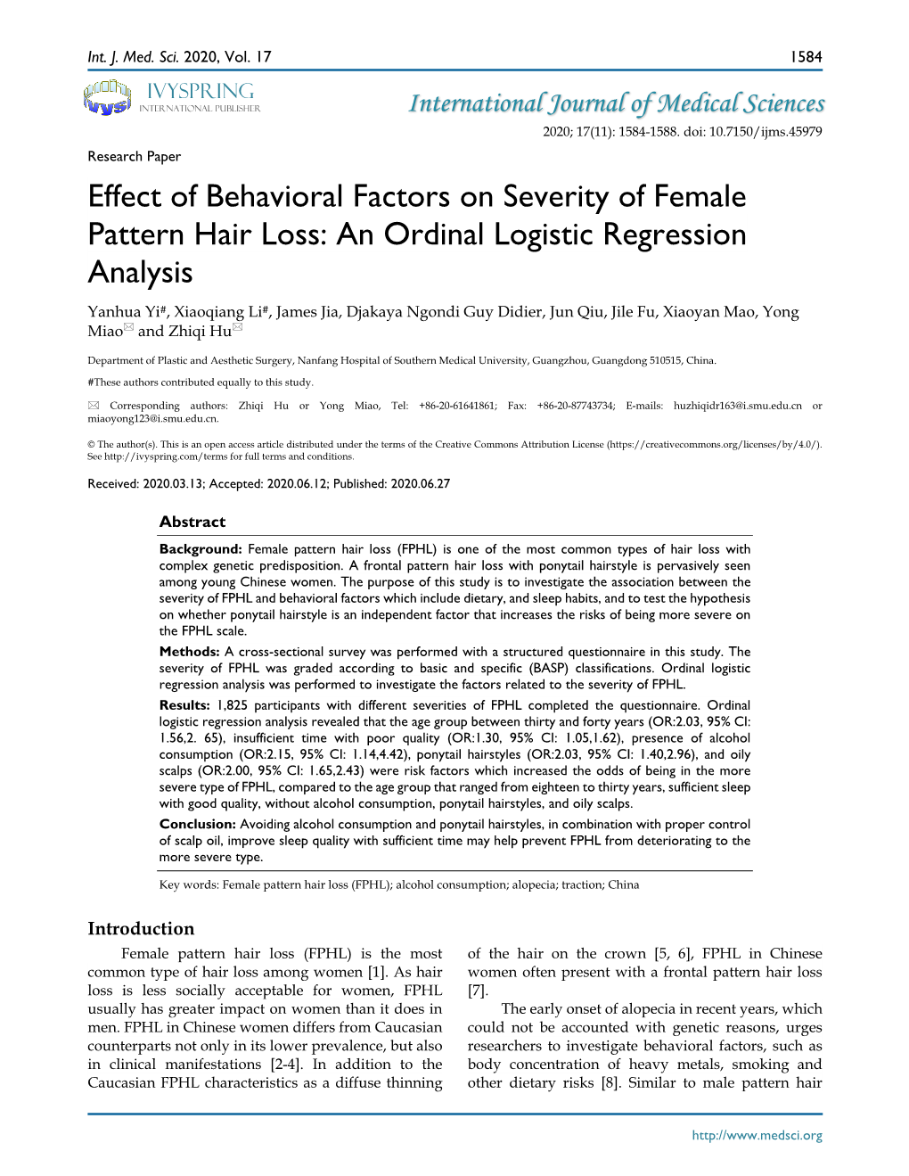 Effect of Behavioral Factors on Severity of Female Pattern Hair Loss