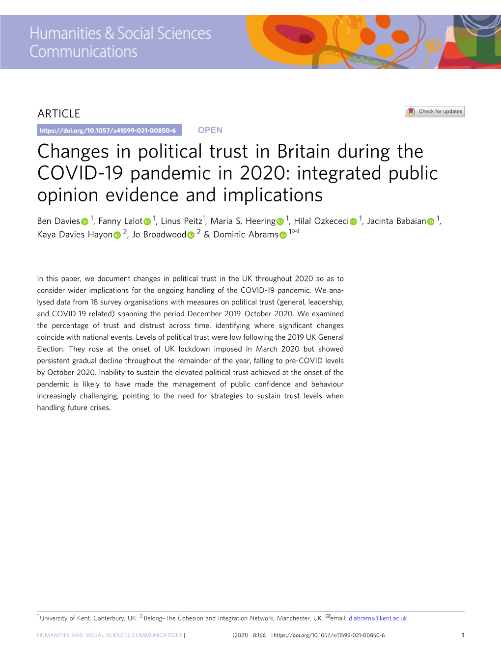 Changes in Political Trust in Britain During the COVID-19 Pandemic in 2020: Integrated Public Opinion Evidence and Implications