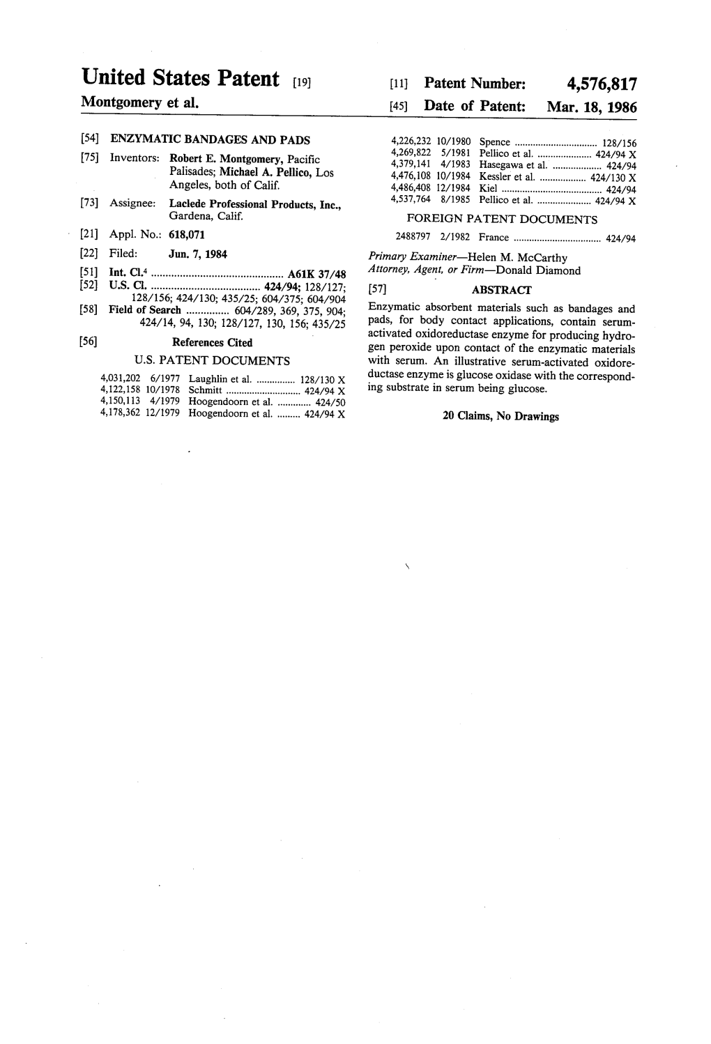 United States Patent 119] [11] Patent Number: 4,576,817 Montgomery Et Al