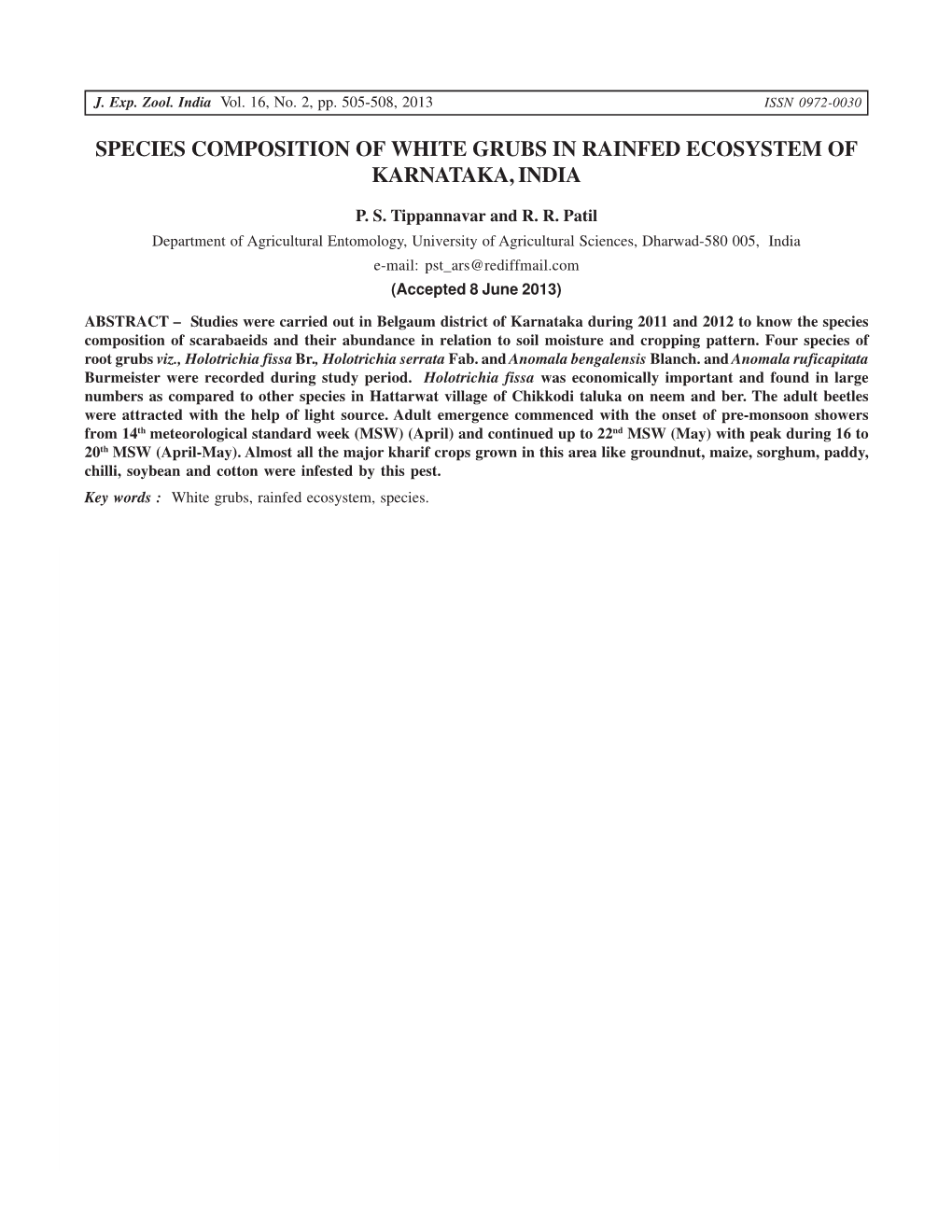 Species Composition of White Grubs in Rainfed Ecosystem of Karnataka, India