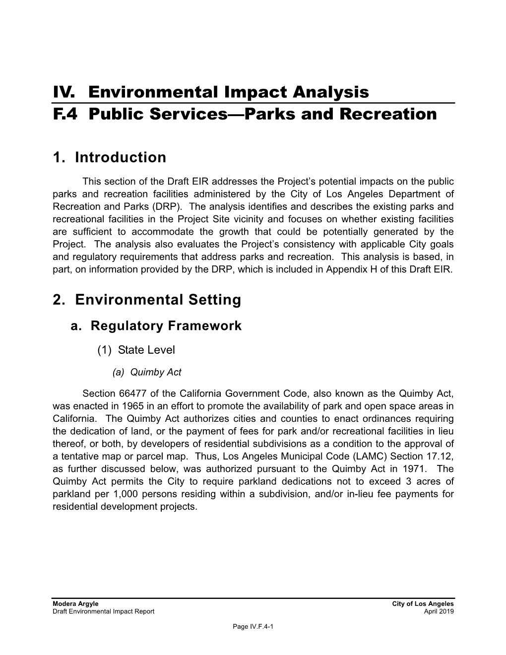 IV. Environmental Impact Analysis F.4 Public Services—Parks and Recreation