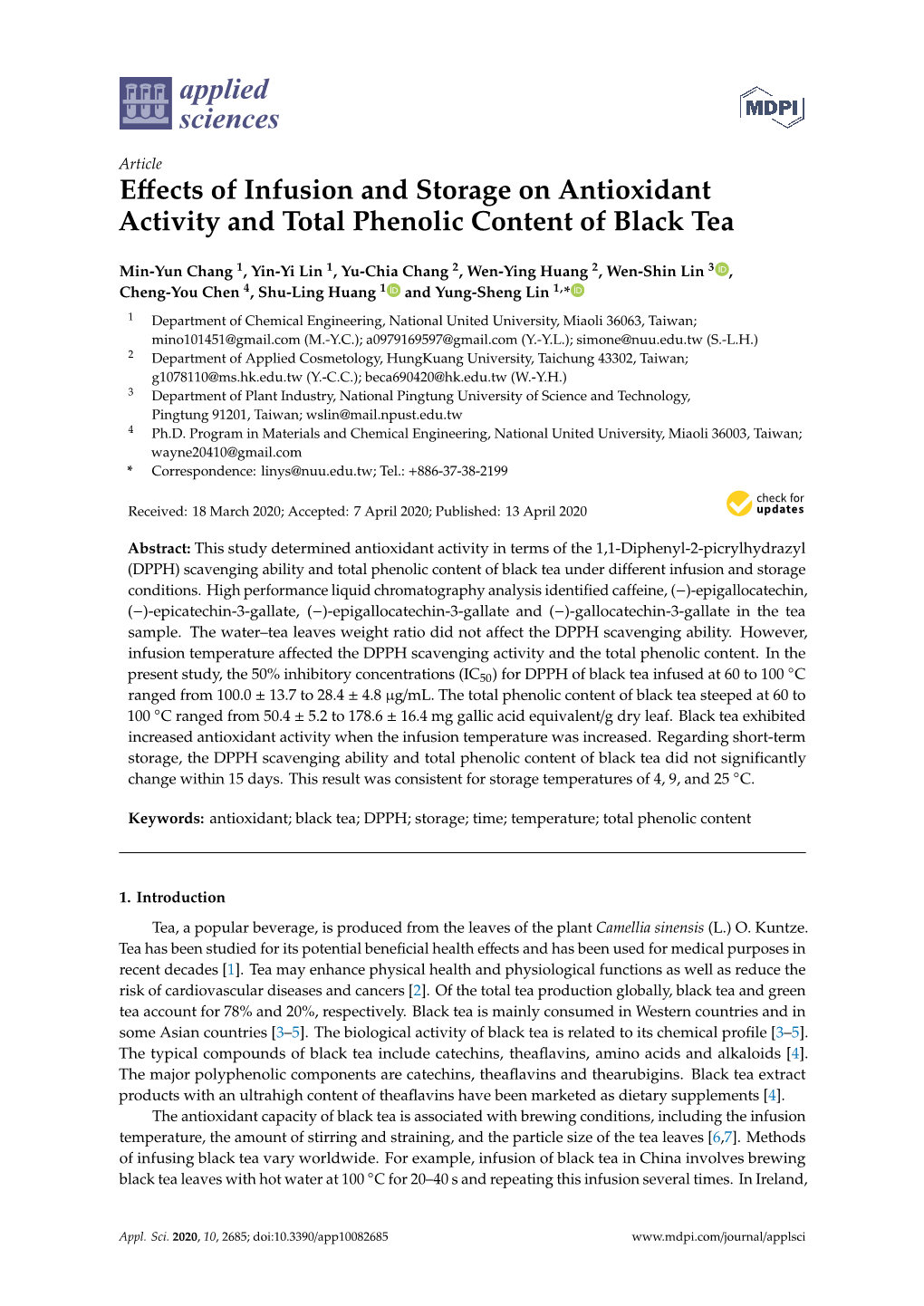 Effects of Infusion and Storage on Antioxidant Activity and Total