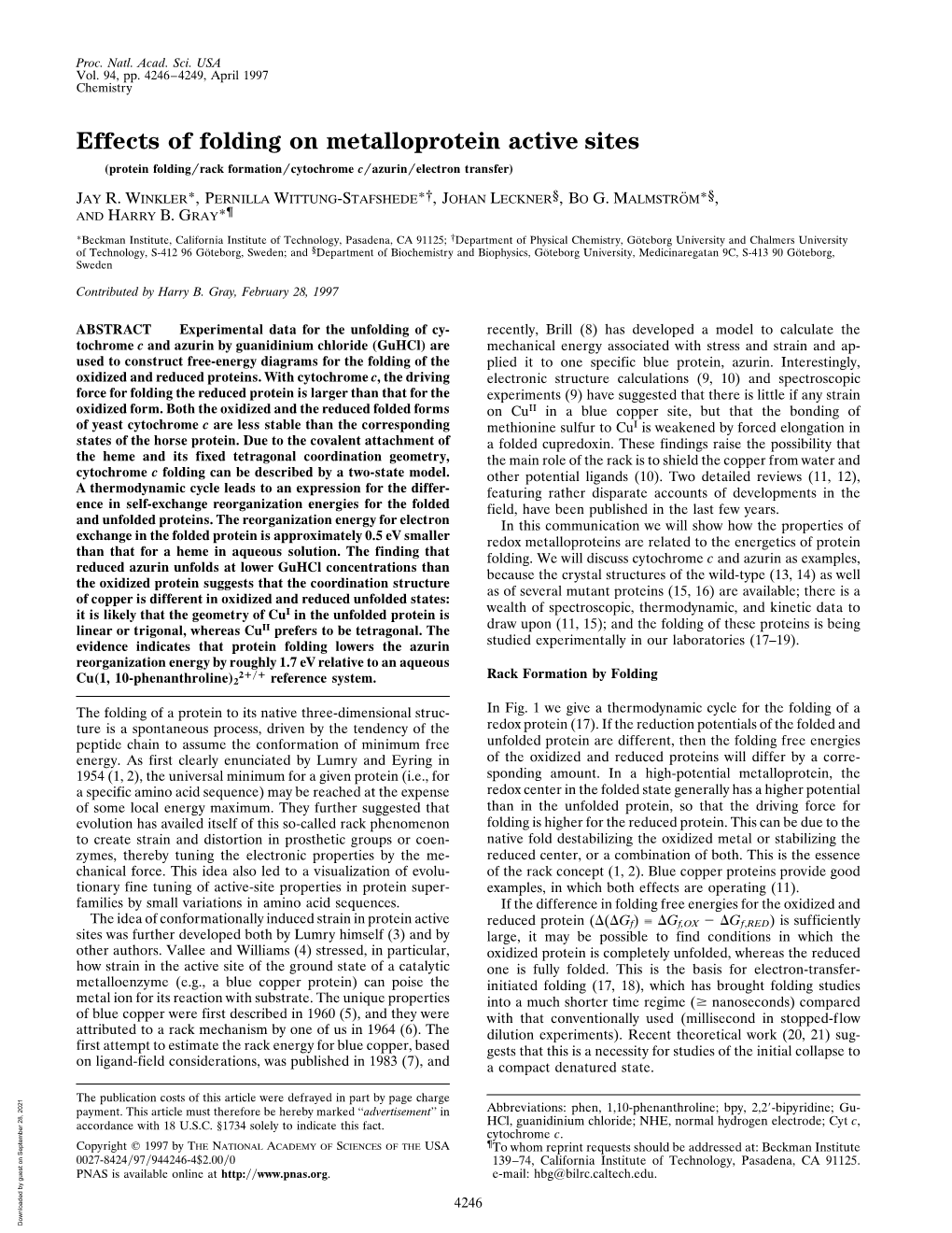 Effects of Folding on Metalloprotein Active Sites (Protein Folding͞rack Formation͞cytochrome C͞azurin͞electron Transfer)