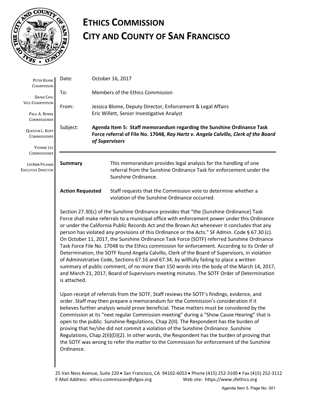 Agenda Item 5: Staff Memorandum Regarding the Sunshine Ordinance Task QUENTIN L