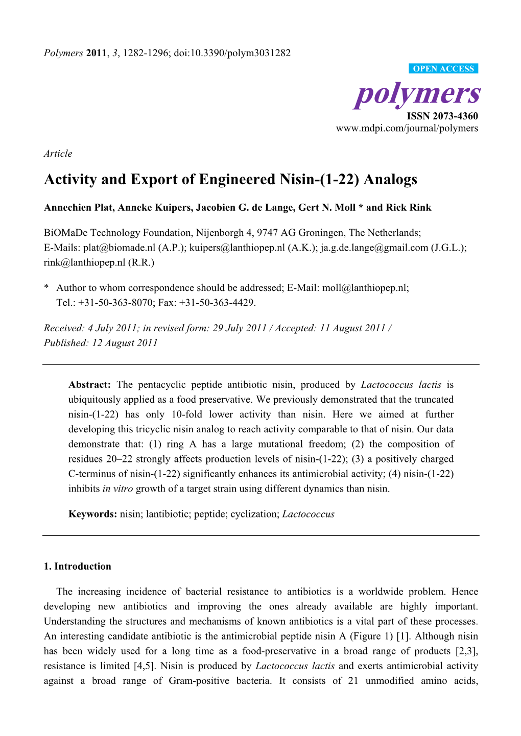 Activity and Export of Engineered Nisin-(1-22) Analogs