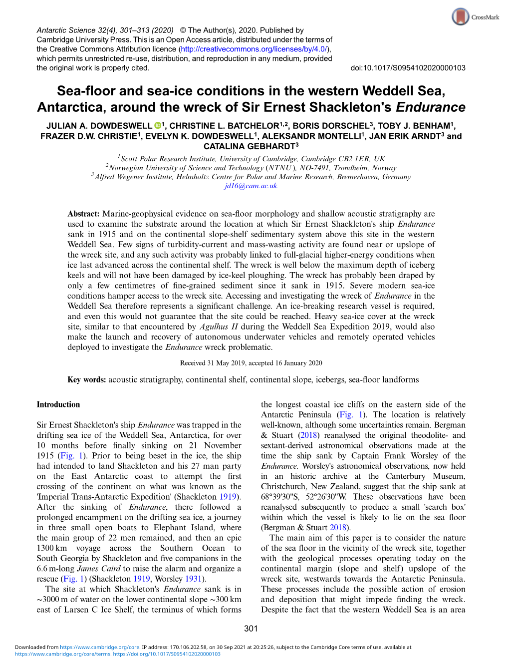 Sea-Floor and Sea-Ice Conditions in the Western Weddell Sea, Antarctica, Around the Wreck of Sir Ernest Shackleton's Endurance