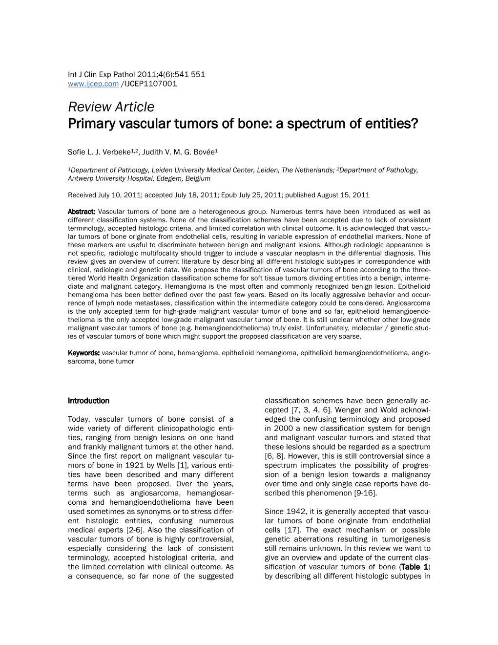 Review Article Primary Vascular Tumors of Bone: a Spectrum of Entities?