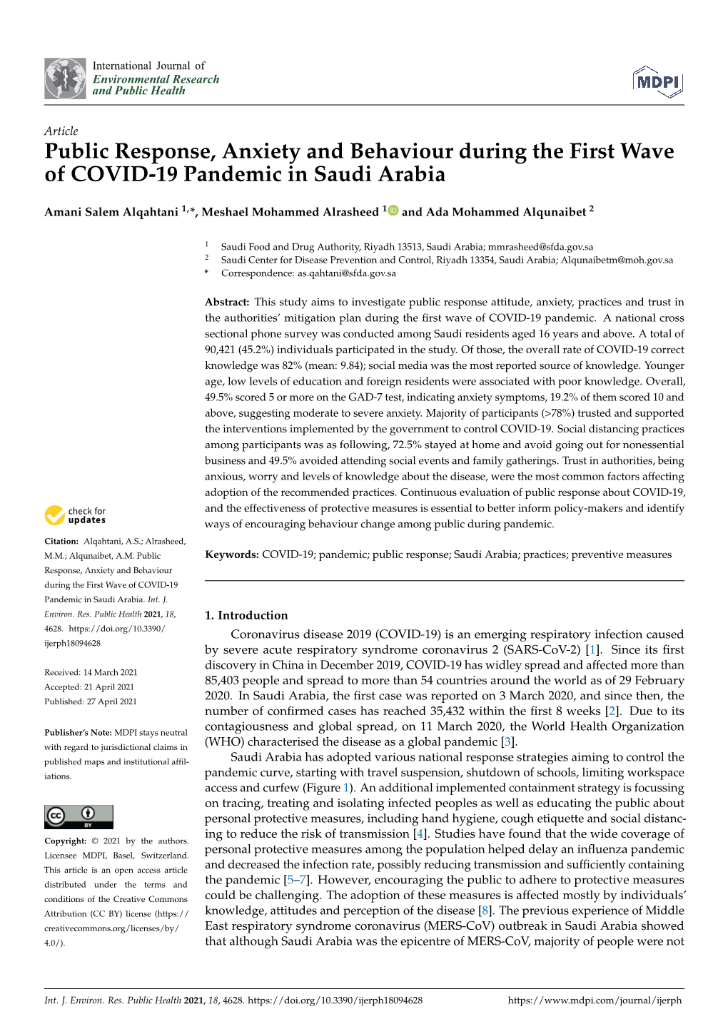 Public Response, Anxiety and Behaviour During the First Wave of COVID-19 Pandemic in Saudi Arabia