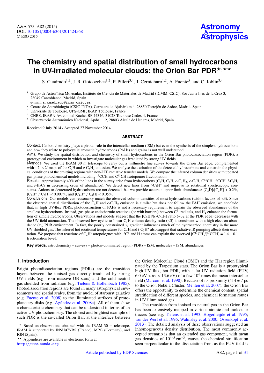 The Chemistry and Spatial Distribution of Small Hydrocarbons in UV-Irradiated Molecular Clouds: the Orion Bar PDR?,?? S