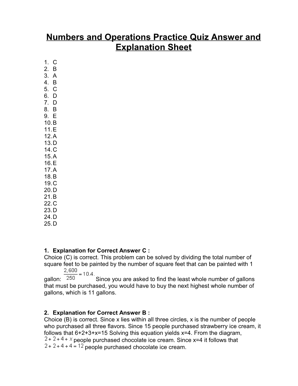 Numbers and Operations Practice Quiz Answer and Explanation Sheet