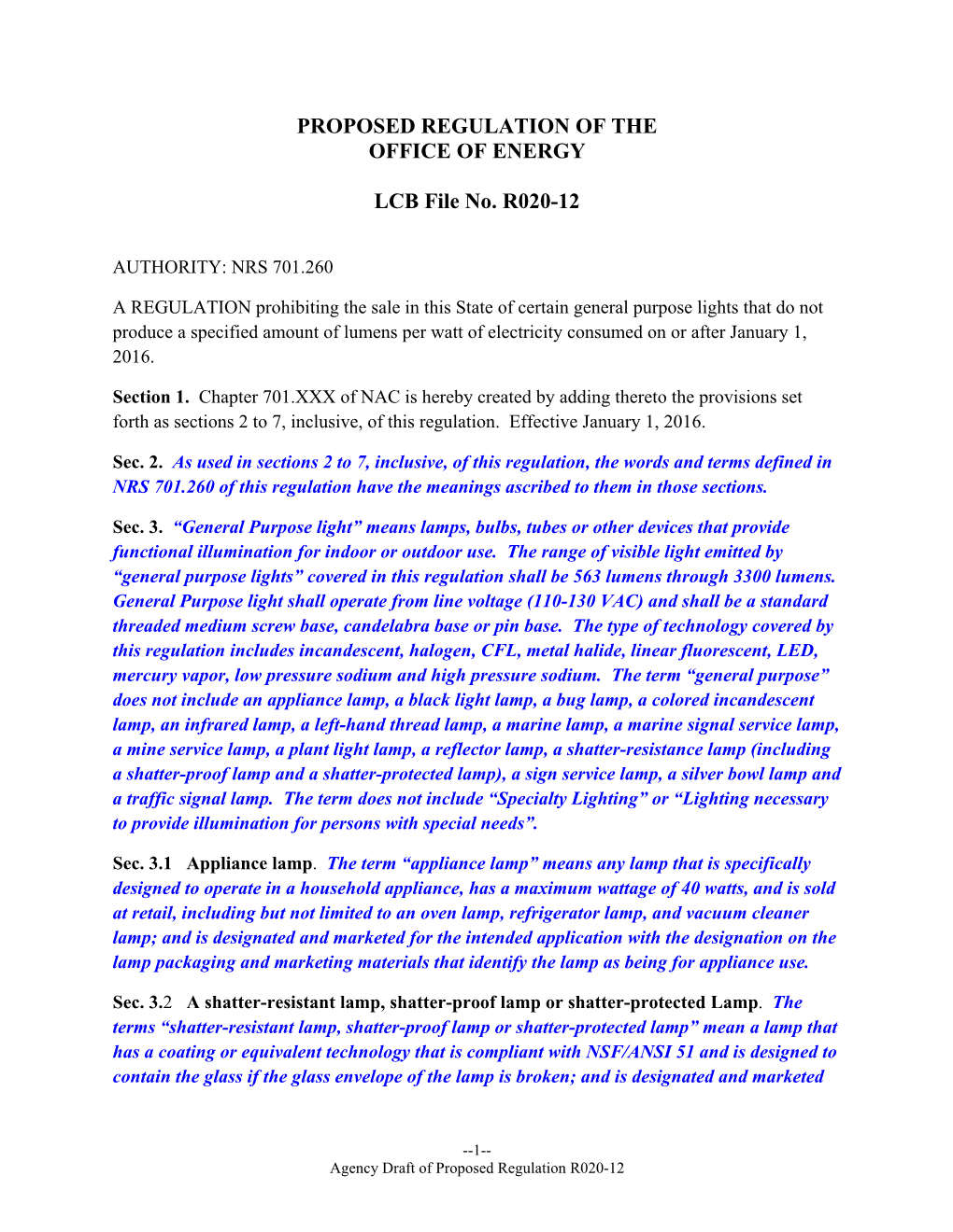 PROPOSED REGULATION of the OFFICE of ENERGY LCB File No