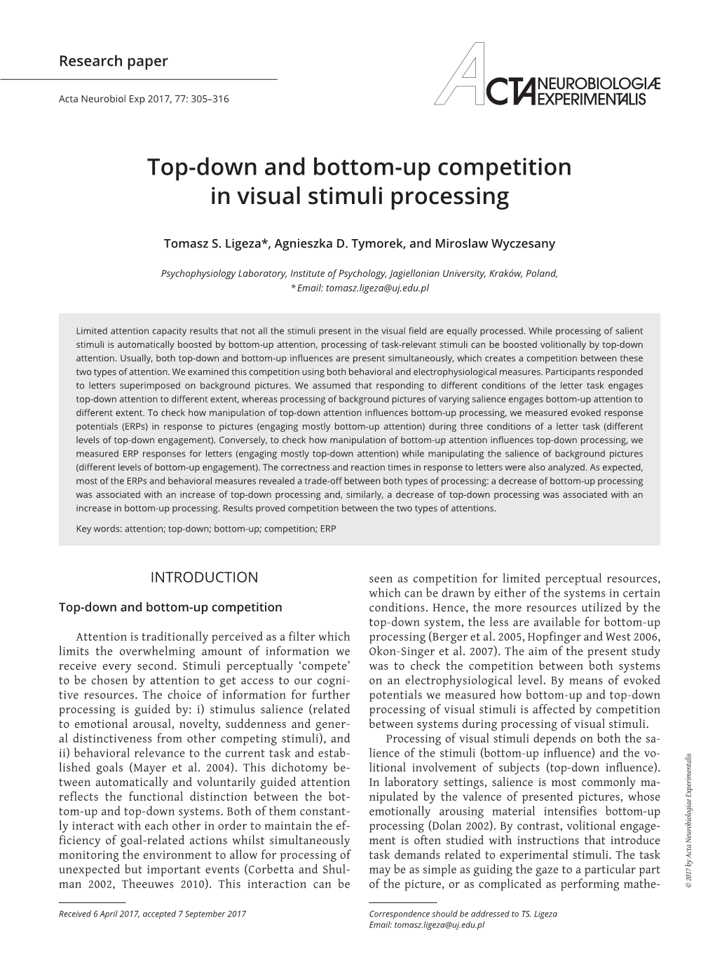 Top‑Down and Bottom‑Up Competition in Visual Stimuli Processing