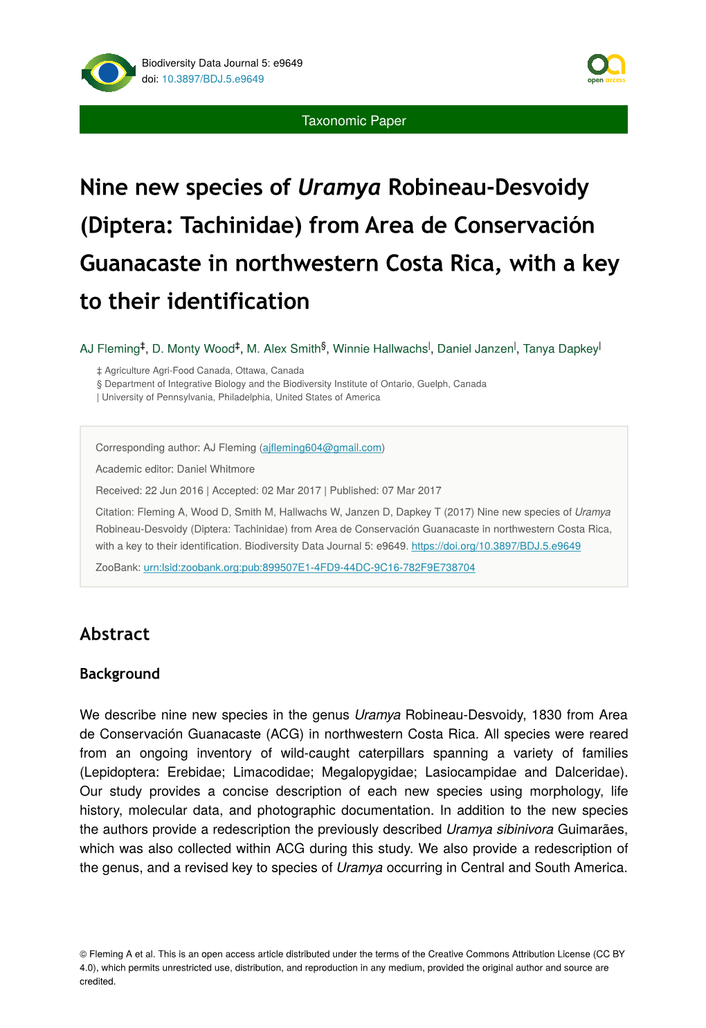 Diptera: Tachinidae) from Area De Conservación Guanacaste in Northwestern Costa Rica, with a Key to Their Identification