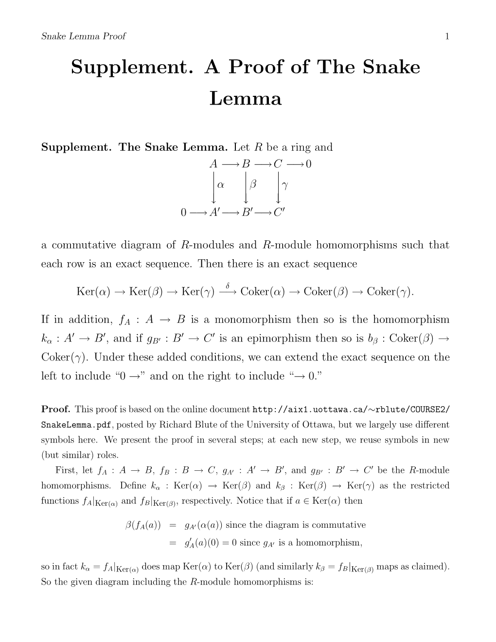 Supplement. a Proof of the Snake Lemma