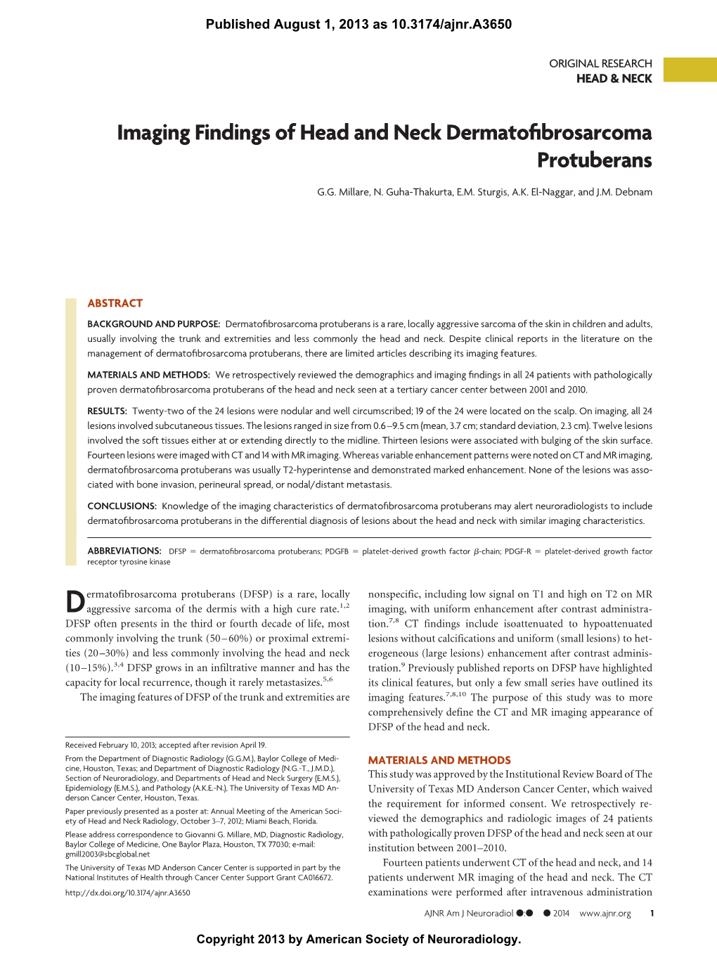 Imaging Findings of Head and Neck Dermatofibrosarcoma Protuberans