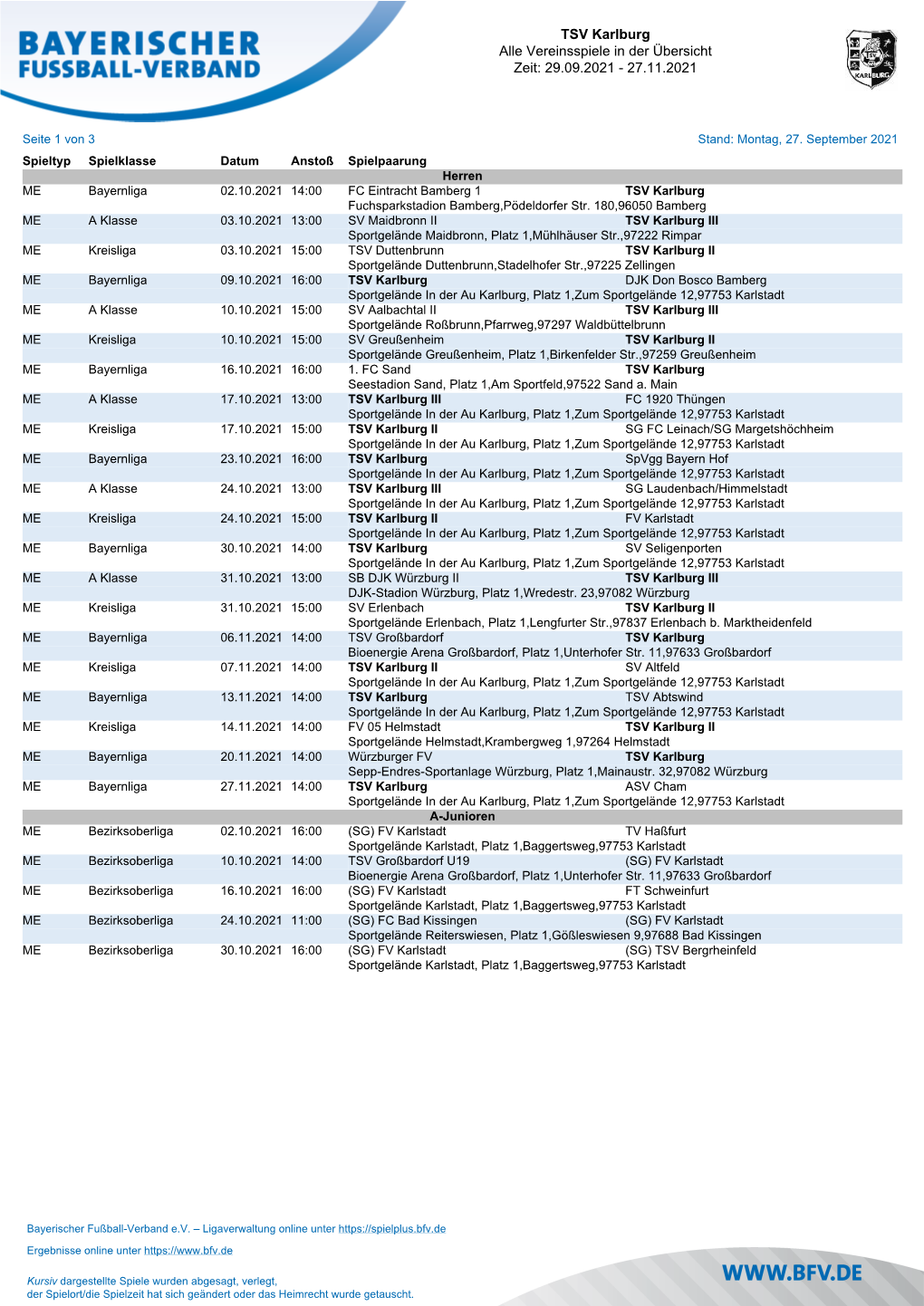 TSV Karlburg Alle Vereinsspiele in Der Übersicht Zeit: 29.09.2021 - 27.11.2021