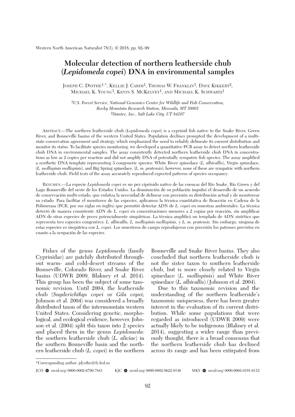 Molecular Detection of Northern Leatherside Chub (Lepidomeda Copei ) DNA in Environmental Samples