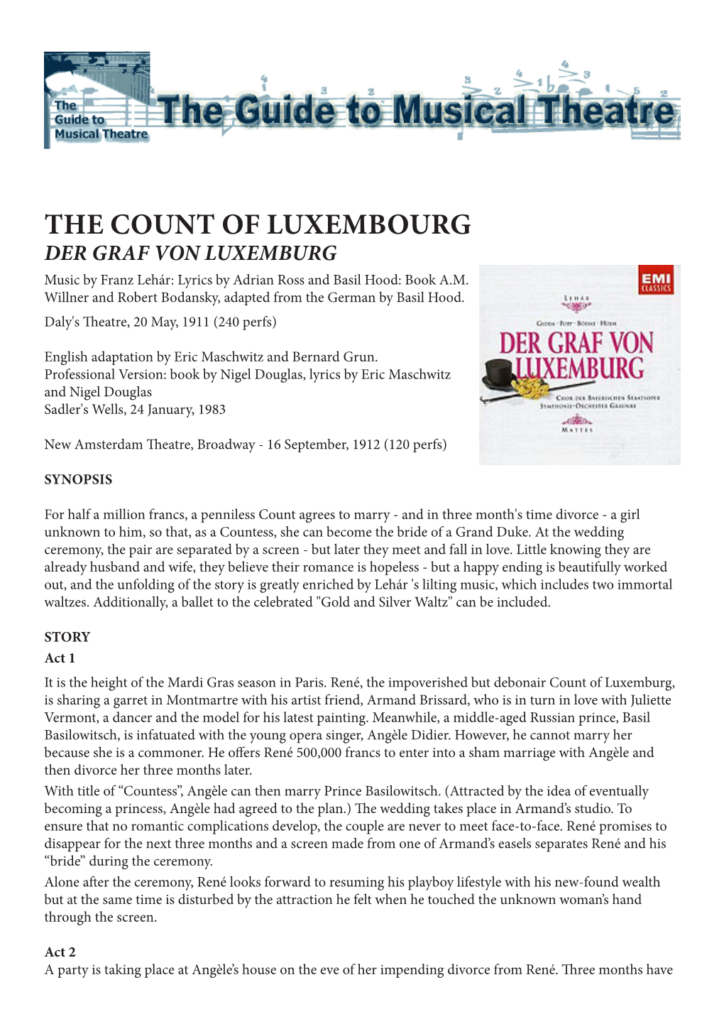 THE COUNT of LUXEMBOURG DER GRAF VON LUXEMBURG Music by Franz Lehár: Lyrics by Adrian Ross and Basil Hood: Book A.M