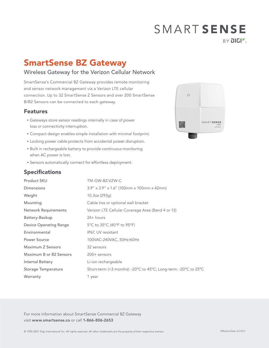 Smartsense BZ Gateway Wireless Gateway for the Verizon Cellular Network
