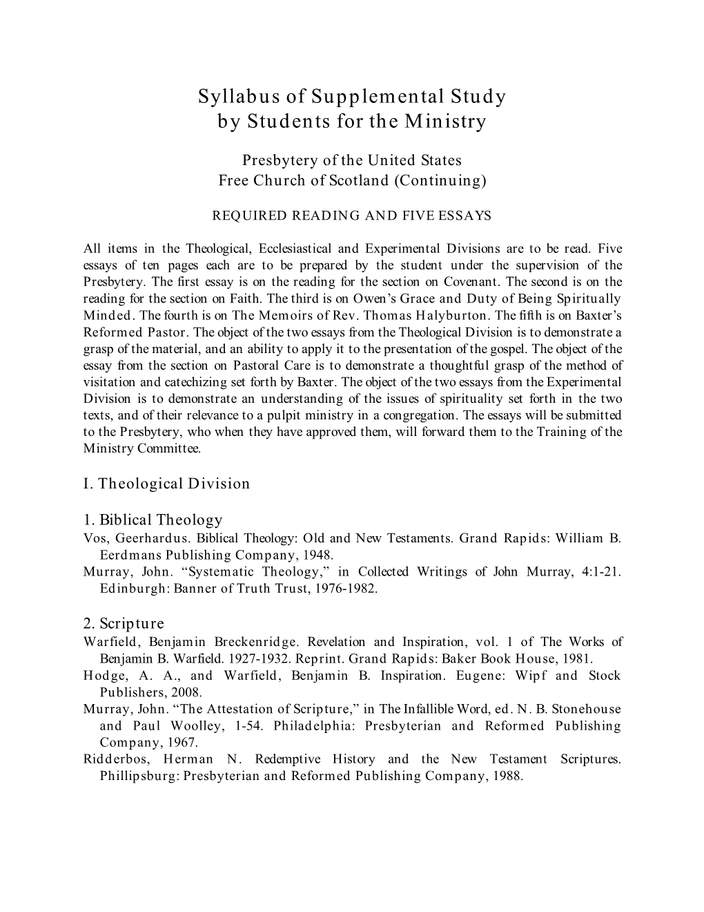 Syllabus of Supplemental Study by Students for the Ministry