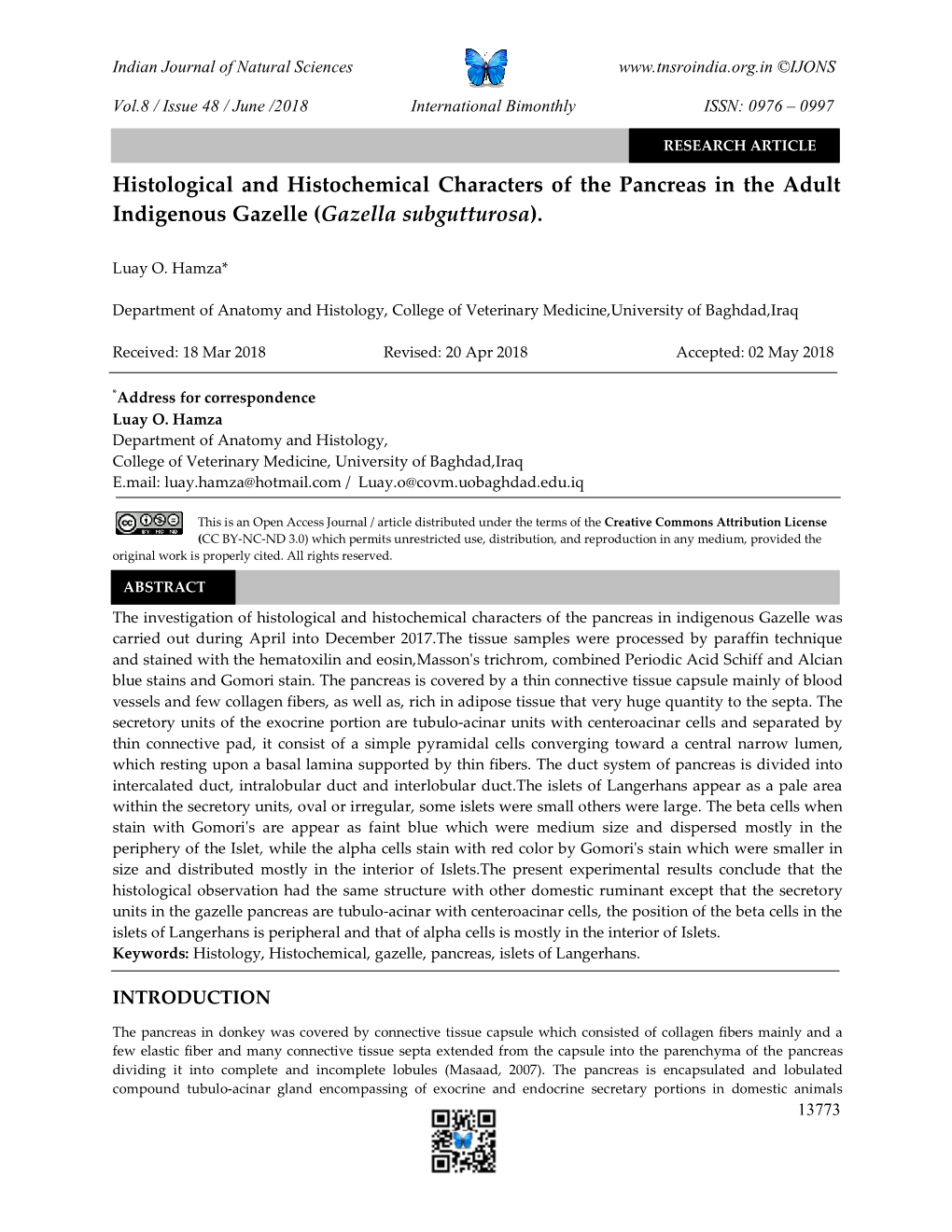 Histological and Histochemical Characters of the Pancreas in the Adult Indigenous Gazelle (Gazella Subgutturosa)