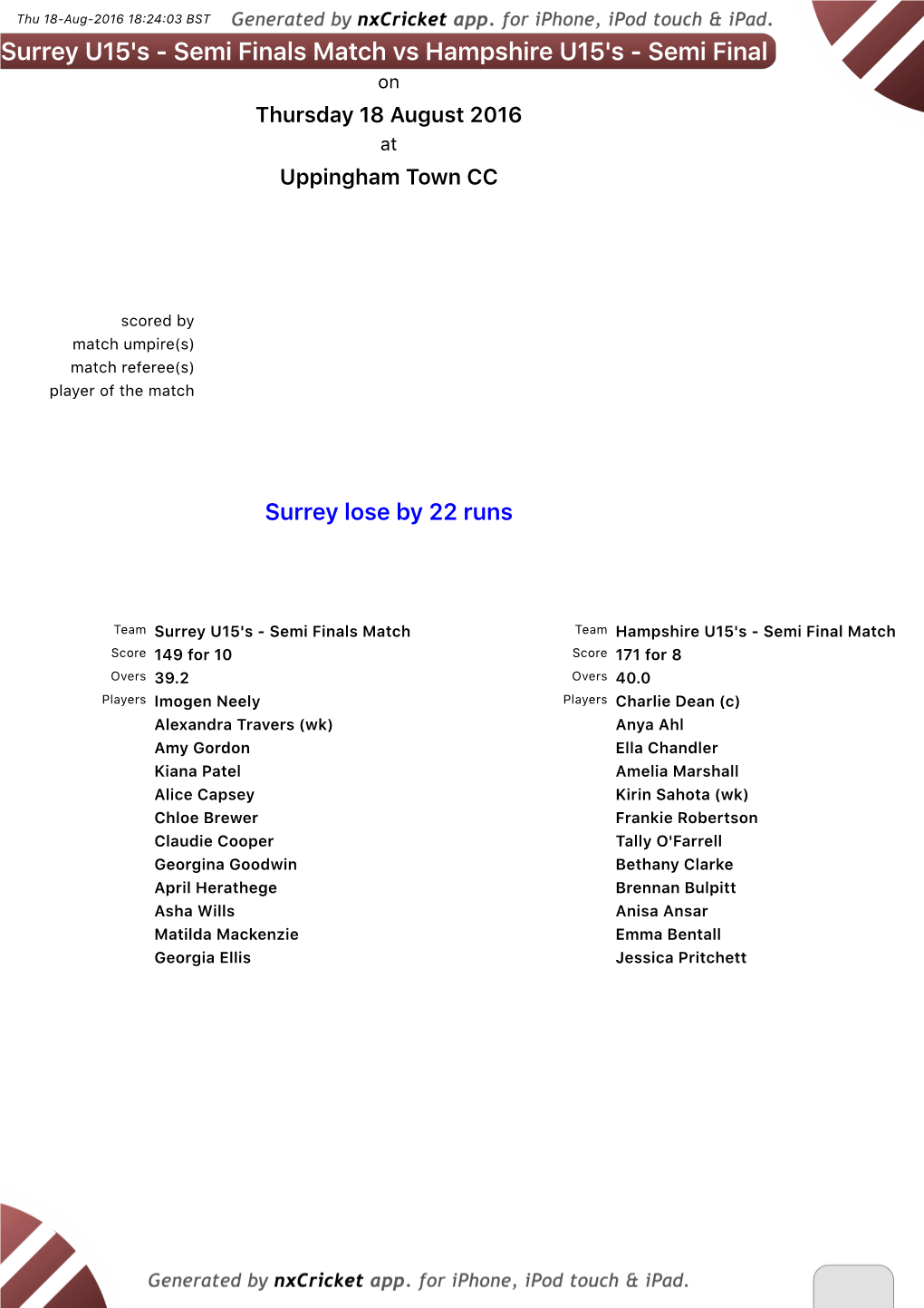 Surrey U15's - Semi Finals Match Vs Hampshire U15's - Semi Final Match on Thursday 18 August 2016 at Uppingham Town CC