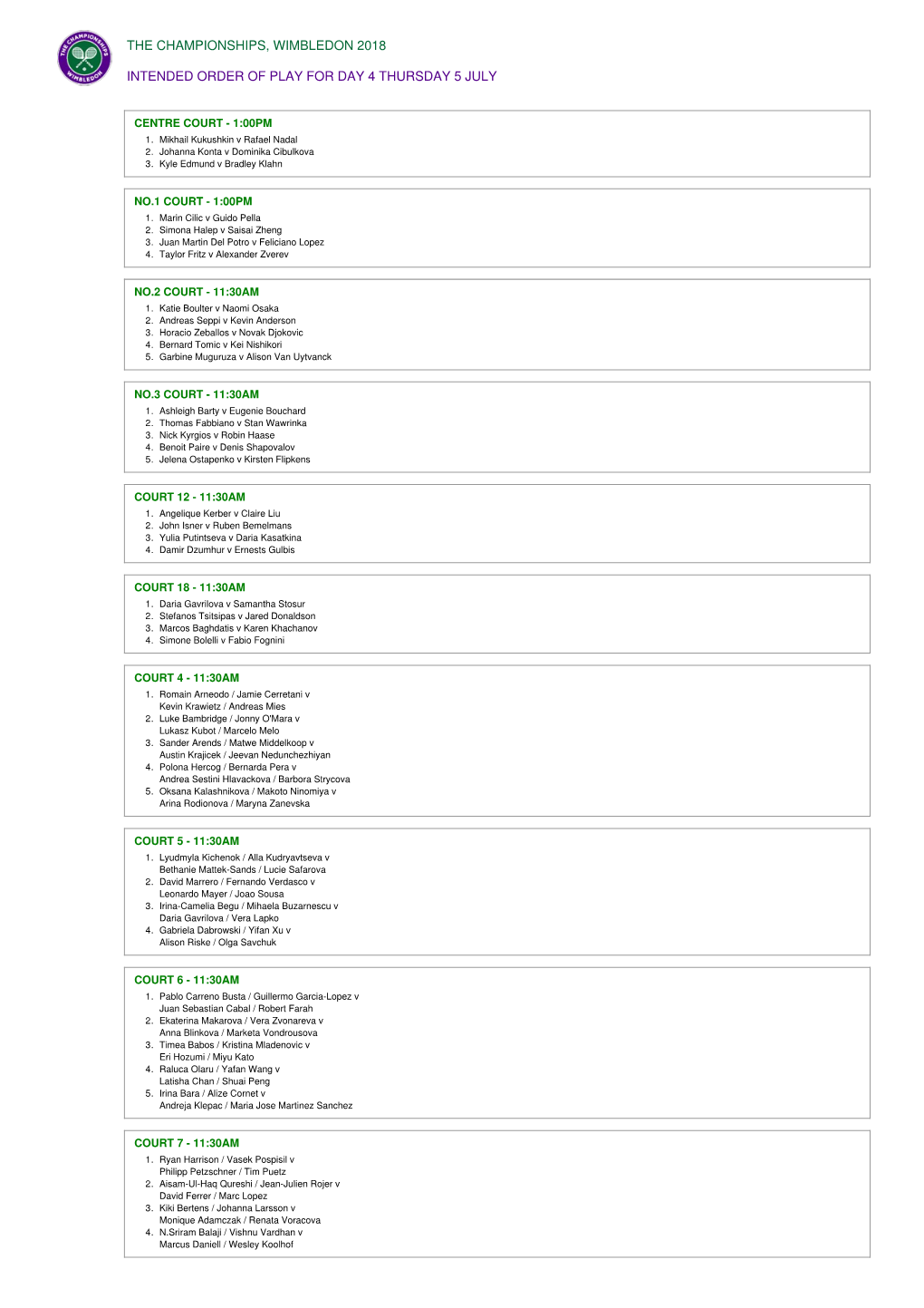 The Championships, Wimbledon 2018 Intended Order of Play for Day 4 Thursday 5 July