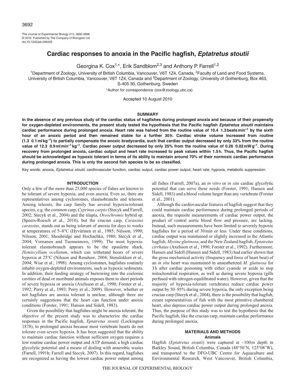 Cardiac Responses to Anoxia in the Pacific Hagfish, Eptatretus Stoutii