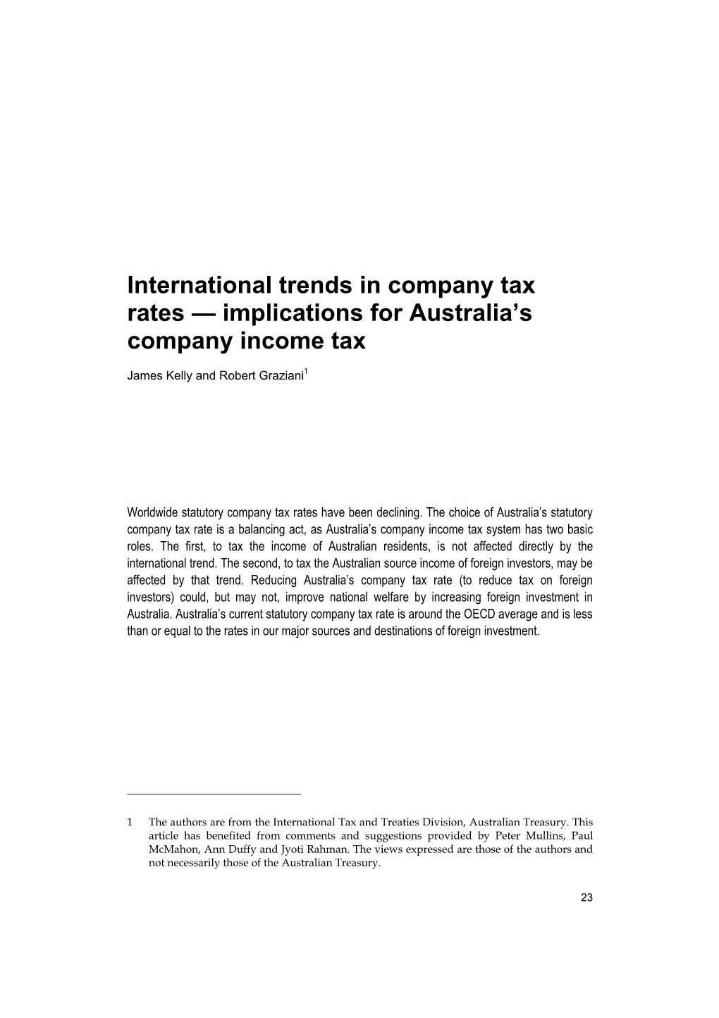 International Trends in Company Tax Rates — Implications for Australia’S Company Income Tax